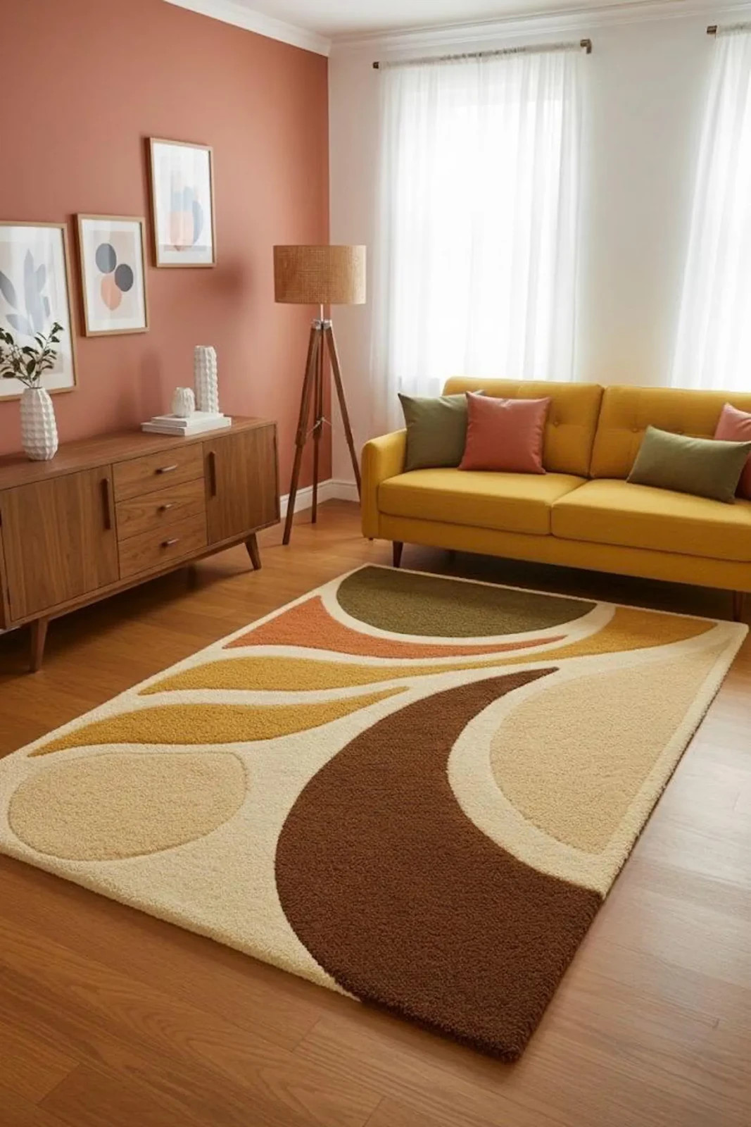 Contemporary Botanical Leaf Rug Burnt Orange Ochre Mustard Thick Plush Rug