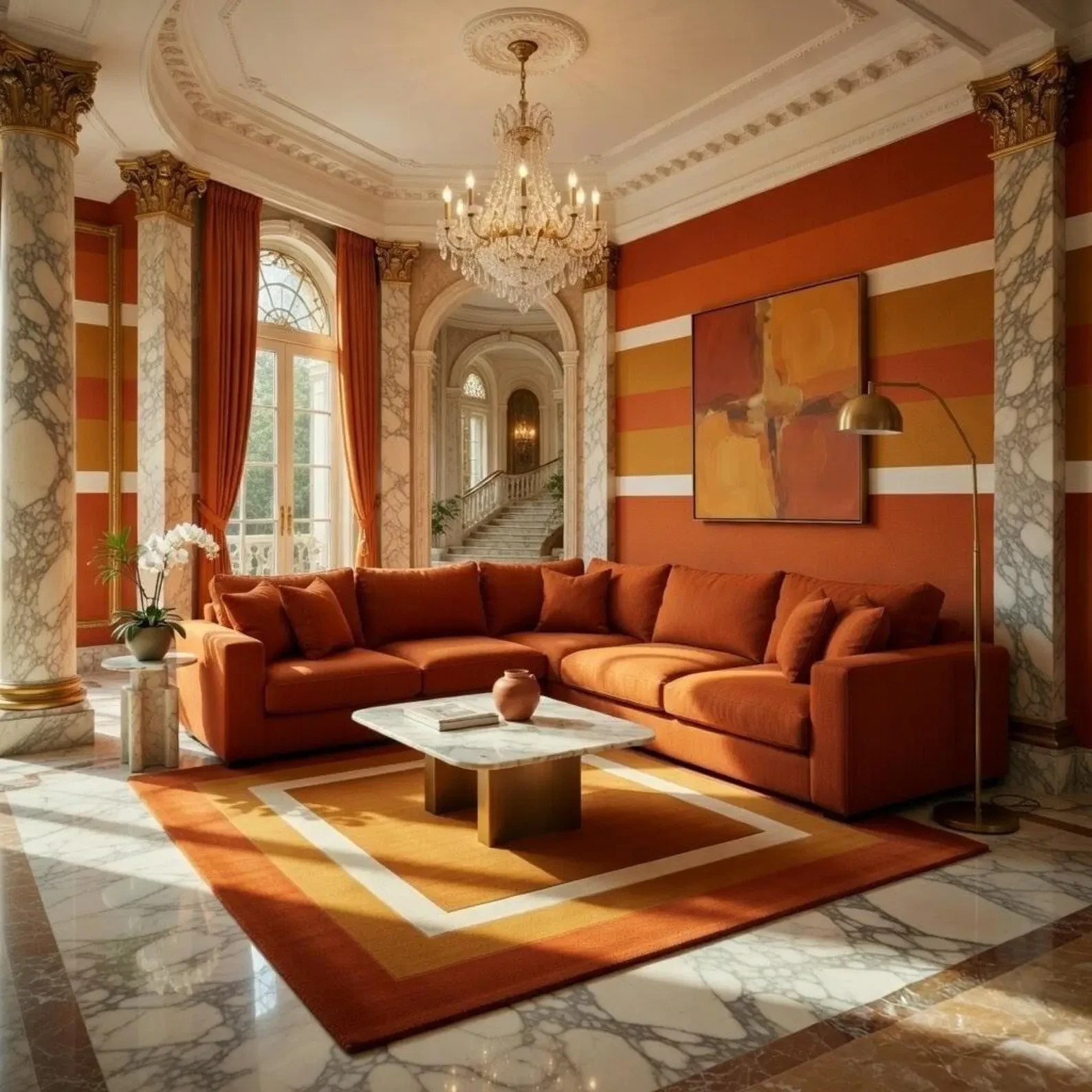 Hand Tufted Wool Area Rug Rust Orange Border Modern Geometric Living Room Carpet