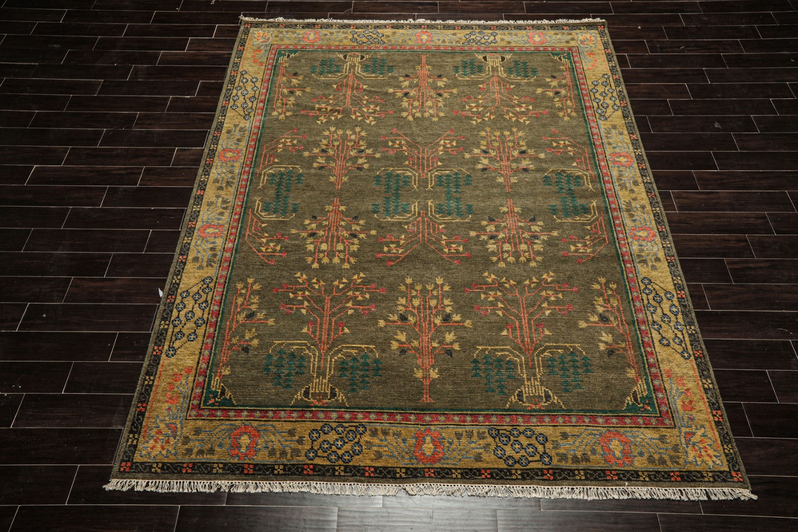 LoomBloom Multi Size Green Hand Knotted Arts & Crafts Donegal Wool Area Rug