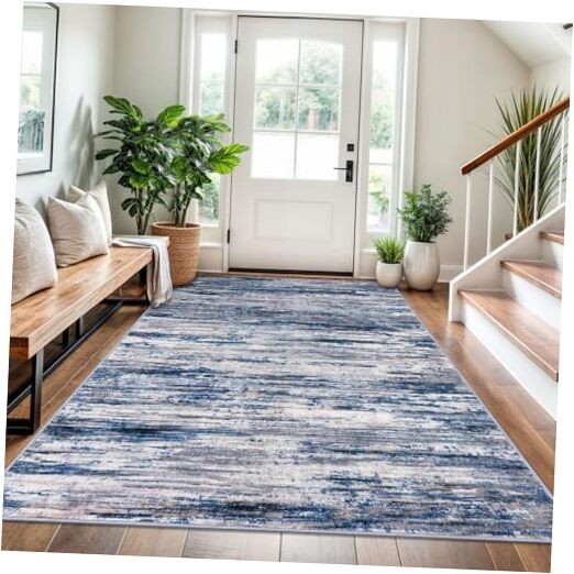 4×6 Modern Abstract Rug for Farmhouse, Navy Blue Gray Neutral Multi Super Soft