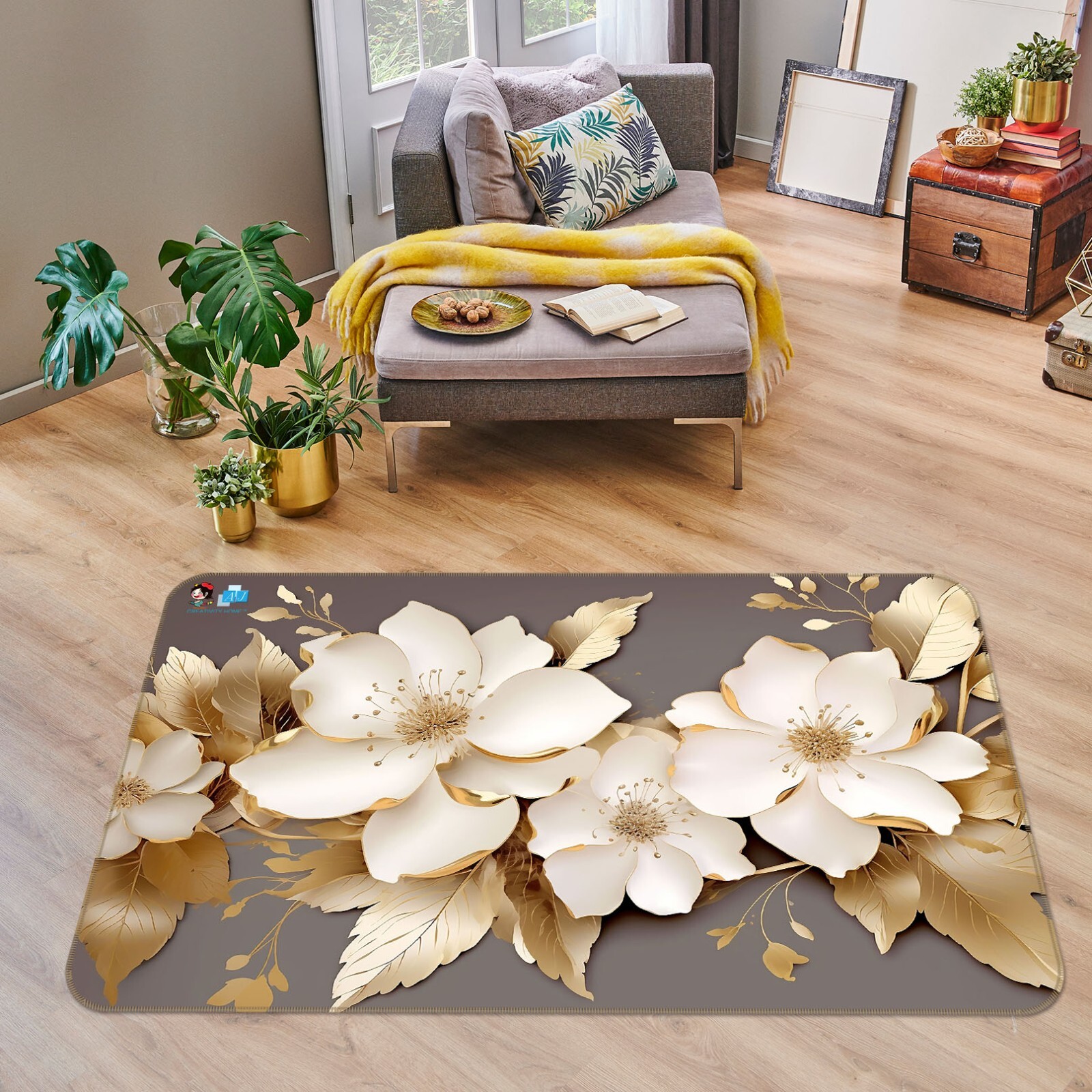 3D Gold Leaf Petals K094 Non Slip Rug Mat Elegant Photo Carpet Panda