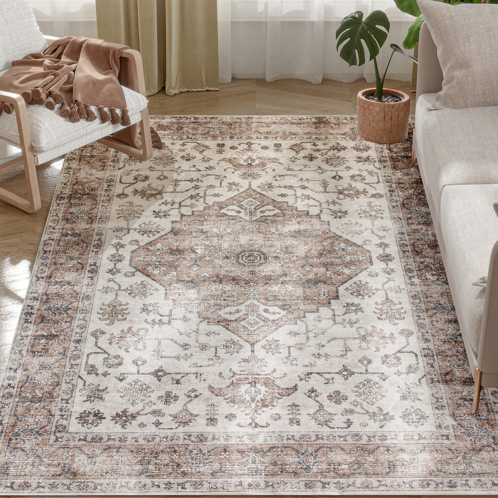 4×6 Area Rug, Vintage Machine Washable Rug for Living Room, Tan