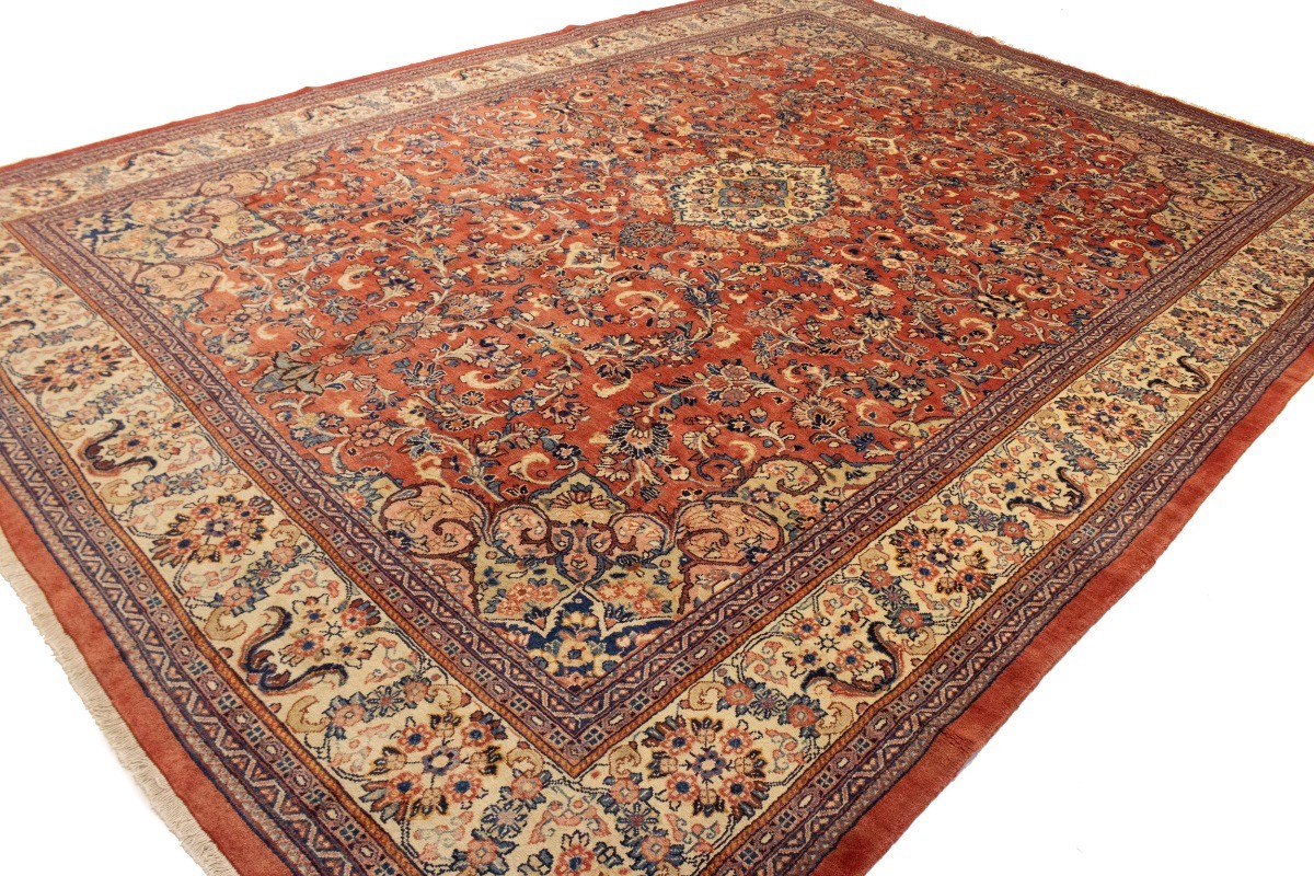 One-of-a-Kind Vintage Orange-Red Oriental Rug Oversized Floral Carpet 11X15 ft