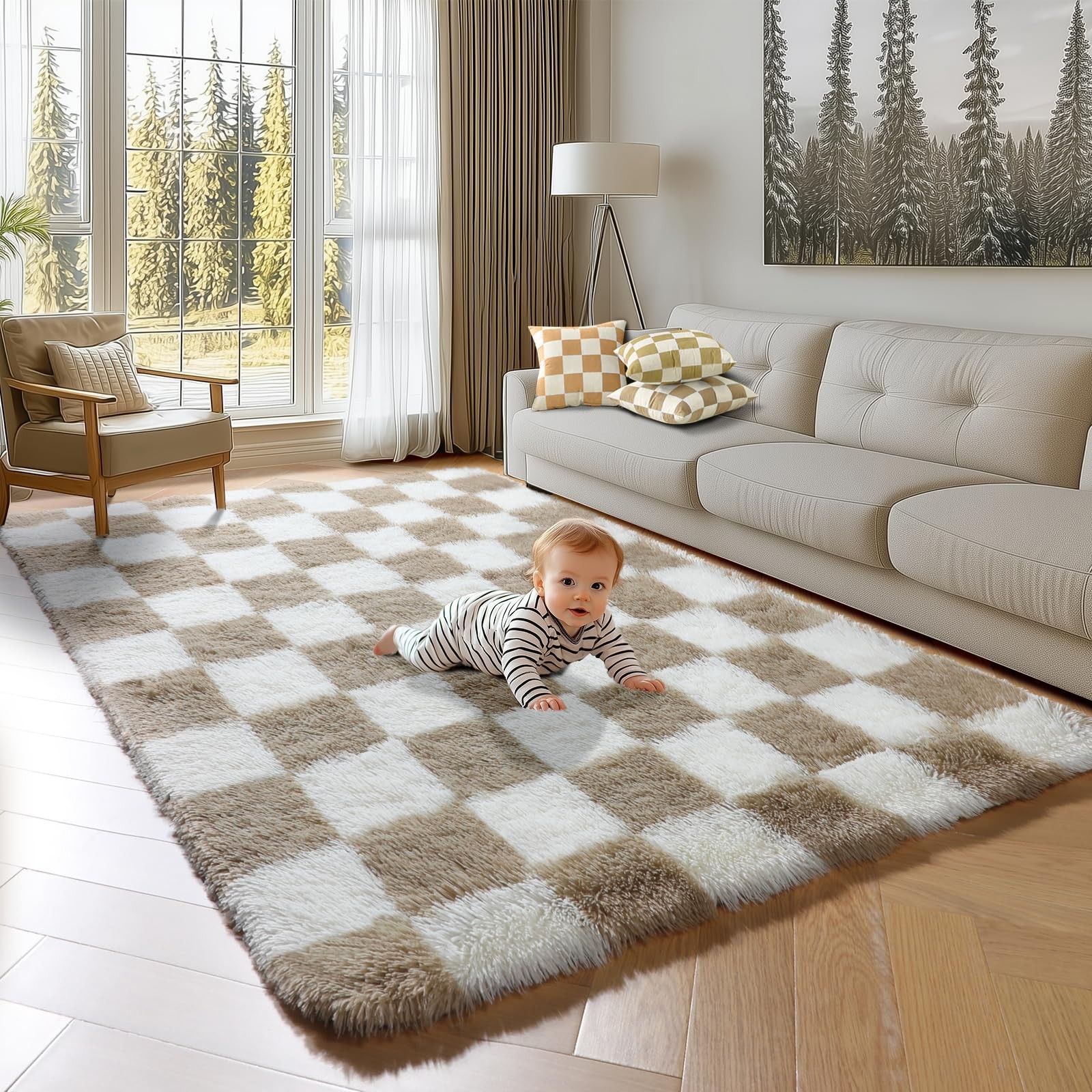 KICMOR Rugs for Living Room, 5×8 Fluffy Soft Beige and Cream White Checkered