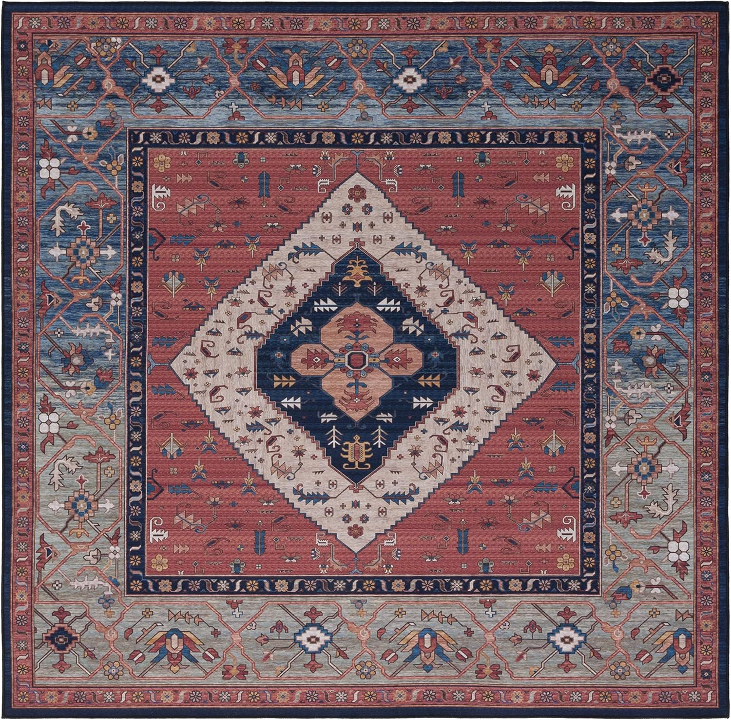 Tucson Washable Rug 6′ Square – Rust & Blue, Slip Resistant, Easy Care