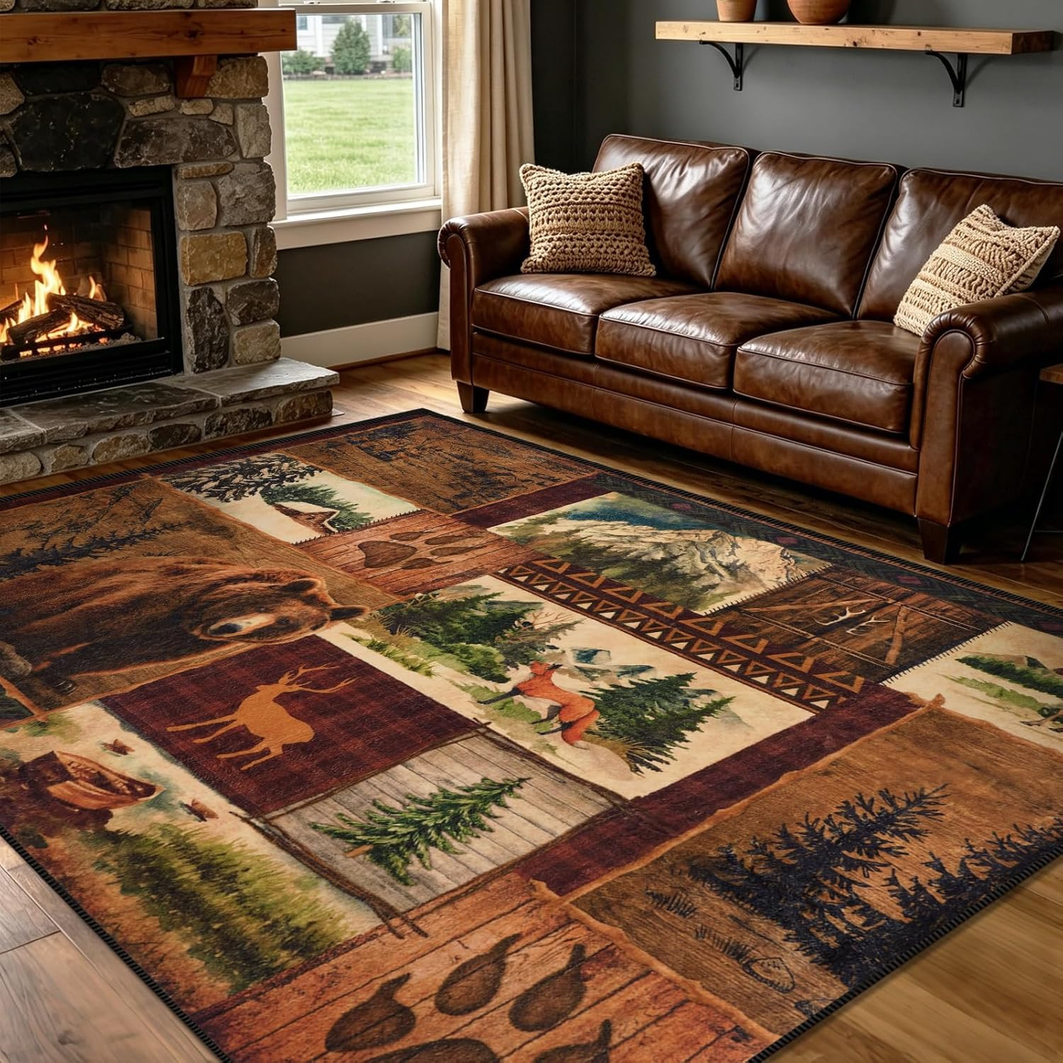 Rustic Lodge Bear 5X7 Area Rugs for Living Room Washable, Brown | 350G Faux Wool