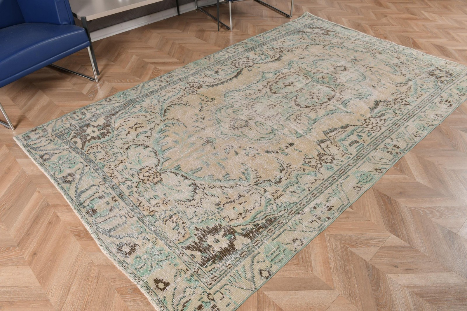 Turkish Vintage Large Rug 5,2×9 ft, Blue Brown Camouflage Wool Rug