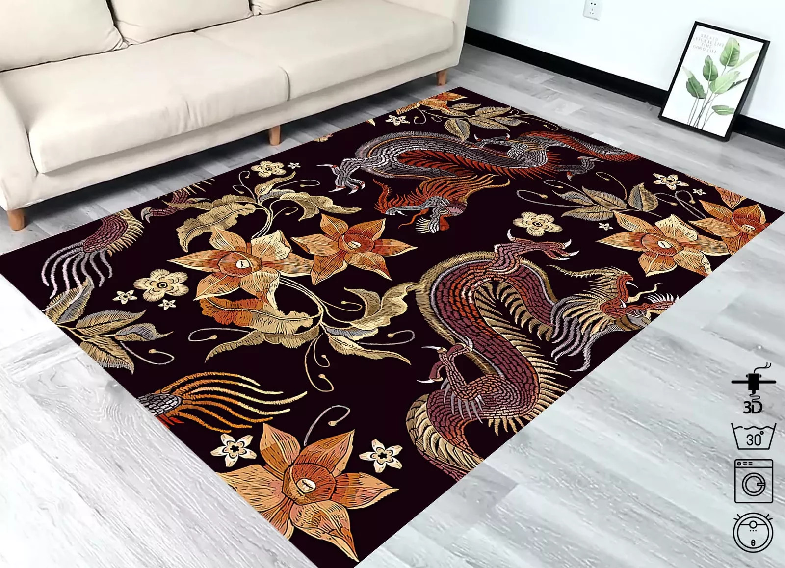 Dragon Rug, Tattoo Rug, Dragon and Flower Rug, Classical Embroidery Asian
