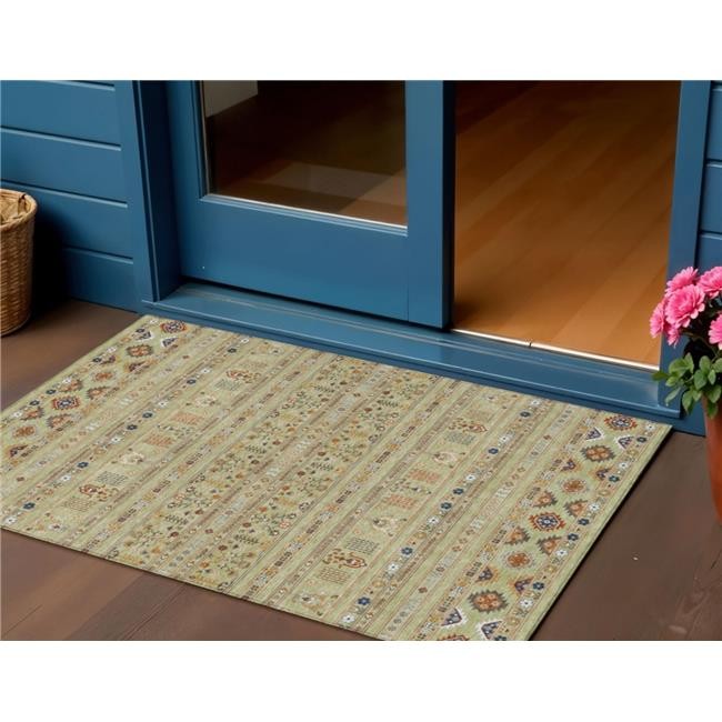 3×5 ft. Artichoke Green Blue & Copper Tribal Washable Transitional Indoor & O…