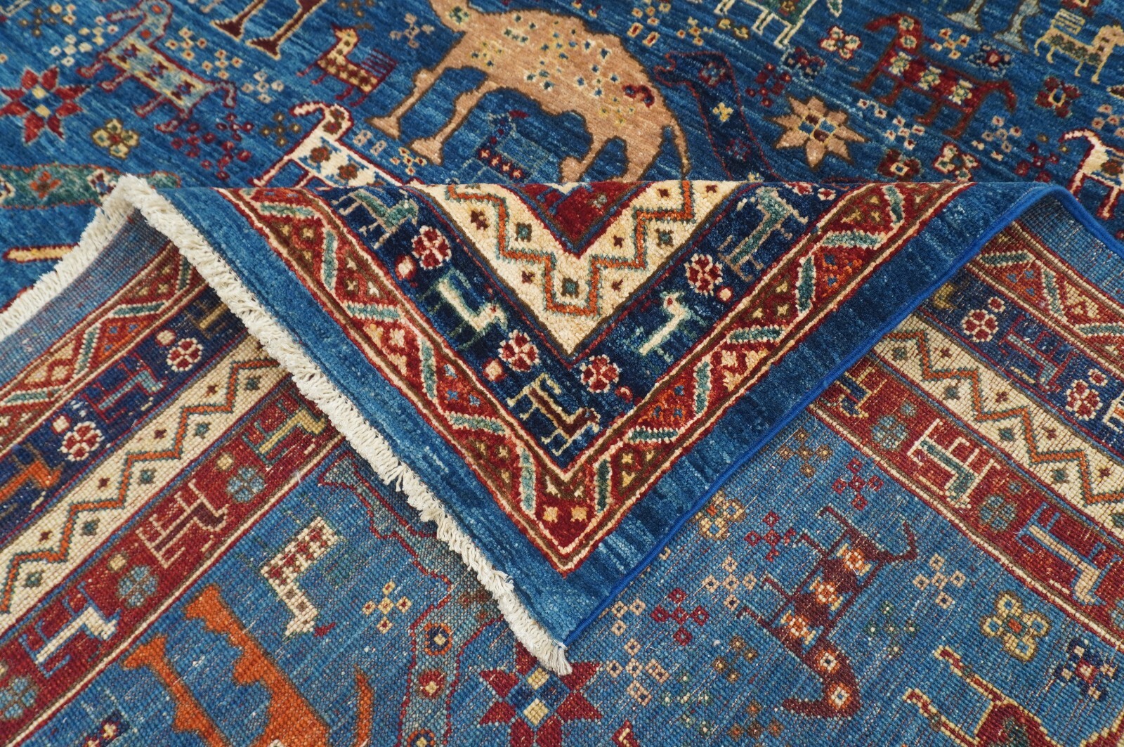 8 x 10 ft Blue Nomadic Animal Gabbeh Afghan Hand Knotted Wool Tribal Rug