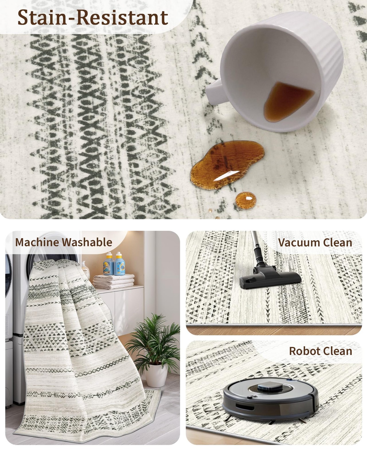 Grey 2×3 Entryway Rug Moroccan Washable Non Slip Thin Foldable Low Pile Mat