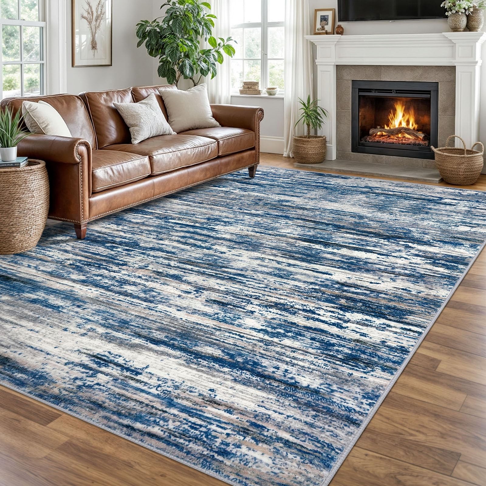 8×10 Modern Abstract Area Rug for Bedroom, Navy Blue Gray Neutral Multi Large…