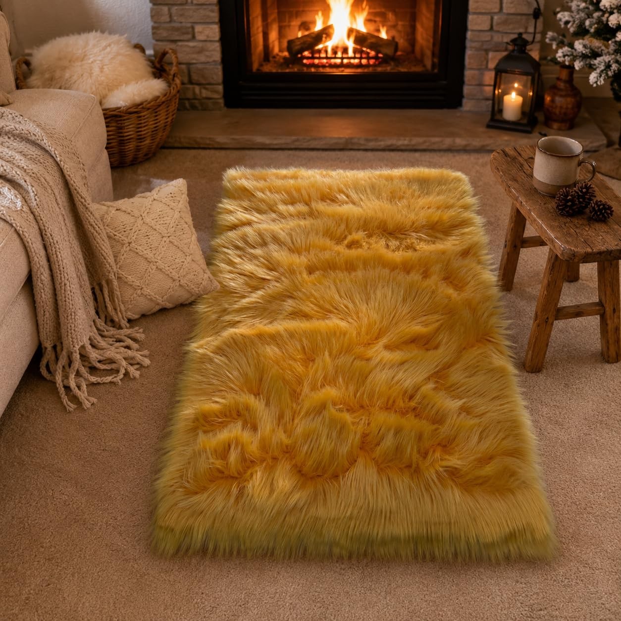 Faux Sheepskin Rug, Ultra Soft Fluffy Golden Yellow Faux Fur Runner Rug for B…