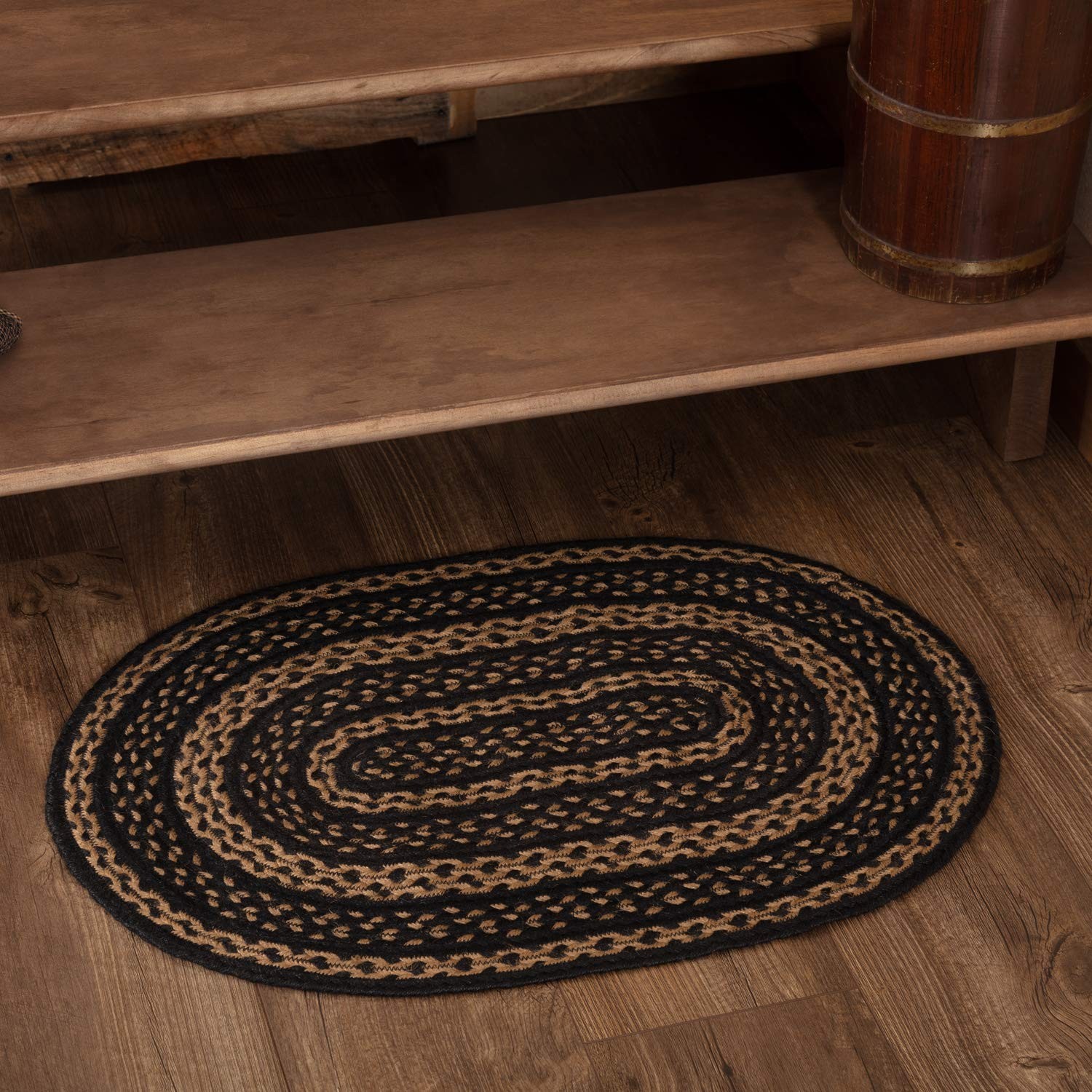 Farmhouse Primitive Jute Black Striped Accent Rug Oval w/Floor Pad 20×30