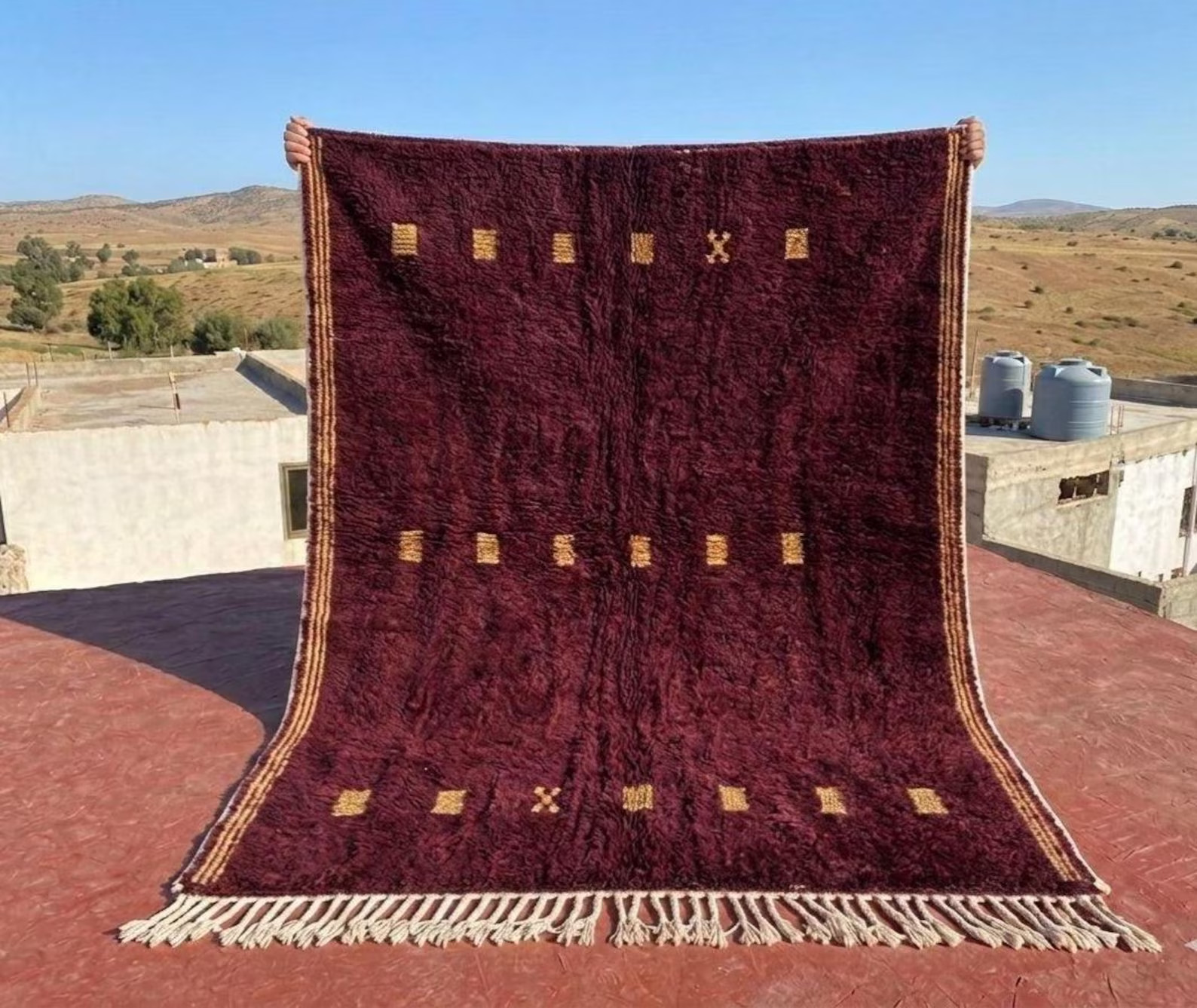 Burgundy Moroccan Rug, Dark Red Wool Area Rug, Minimalist Berber, Handmade Rug