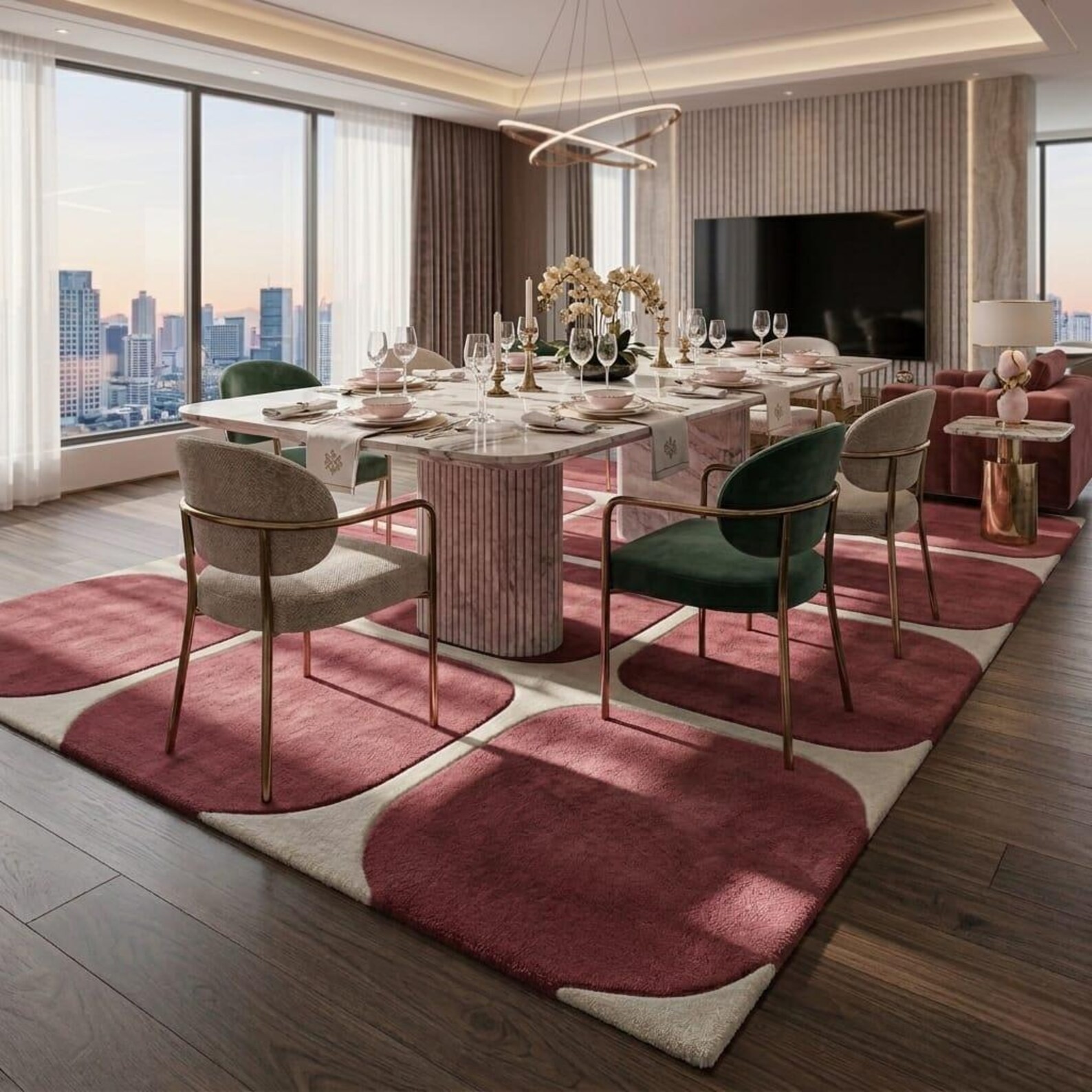 Modern Geometric Wool Rug Rose Pink Burgundy Rounded Block Hand Tufted Area Rug