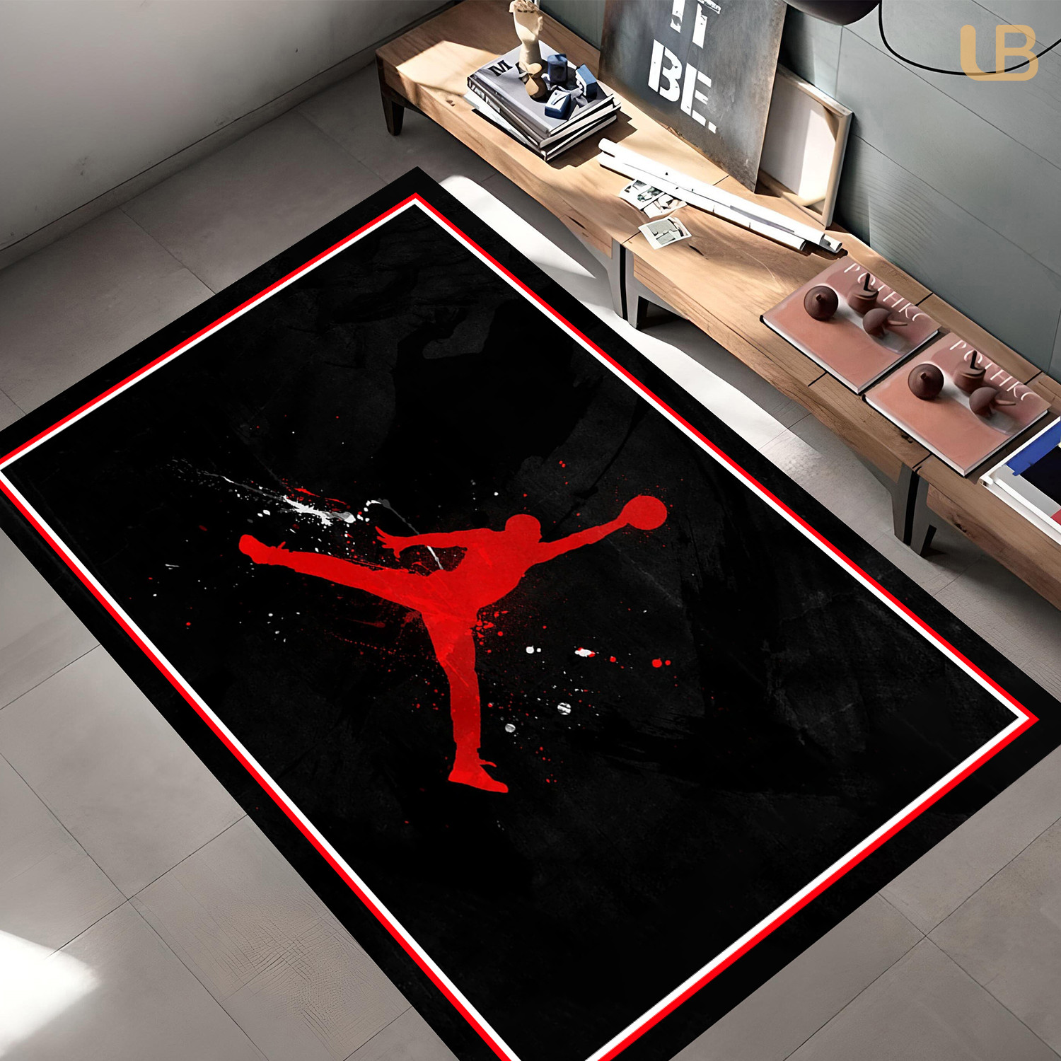 Stellar Retro Basketball Collage Rug – Hypebeast Red Black Floor Art