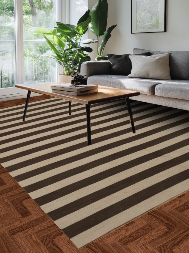 Brown and Ivory Stripes Area Rug 8×10 Room Size Hand-made Modern Wool Carpet