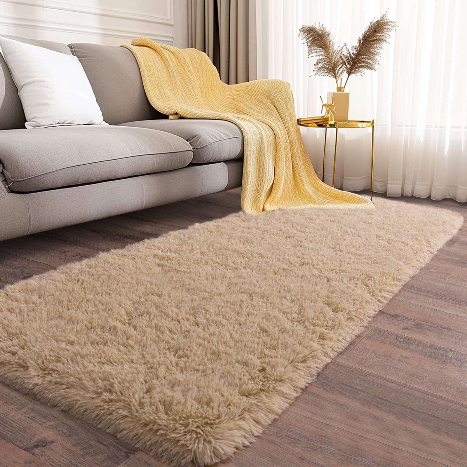 Soft Runner Rugs for Bedroom Hallways, 2X6 Beige Fluffy Shag Throw Area Rug Non