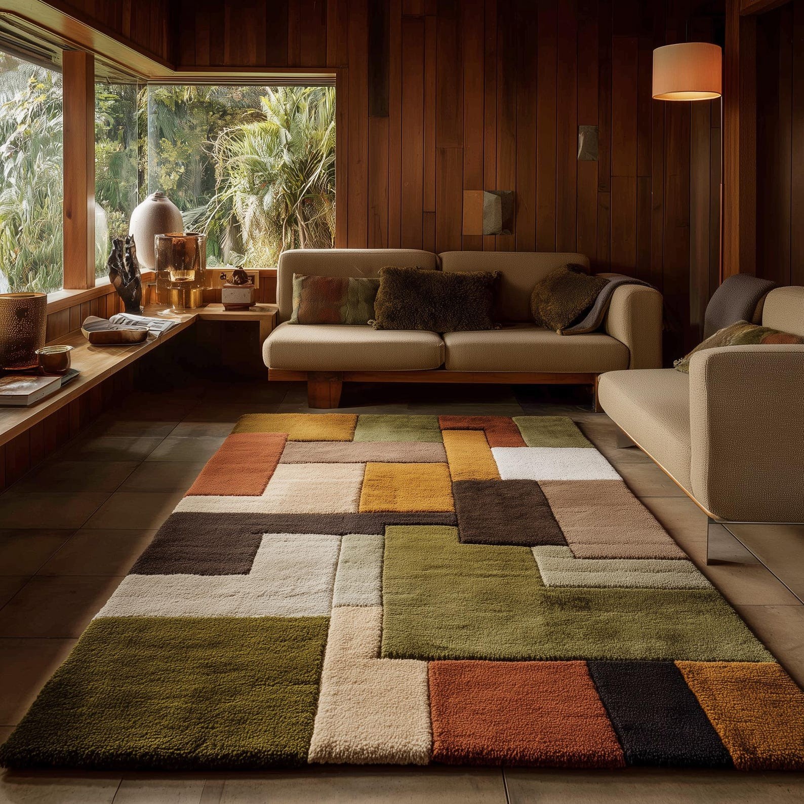 Mid Century Modern Geometric Wool Rug, Retro Color Block Area Carpet, Tufted Rug