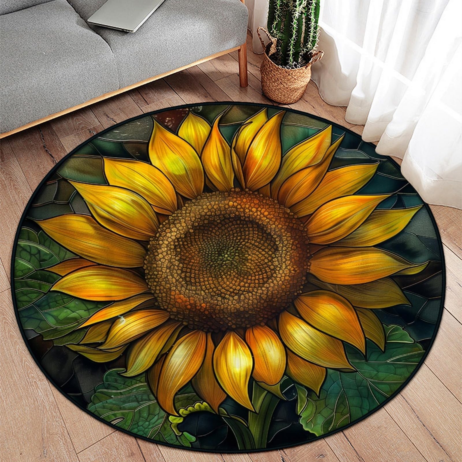 Sunflower Round Rug, 24 inch Circle Floor Mat with Vibrant Yellow Flowers & G…