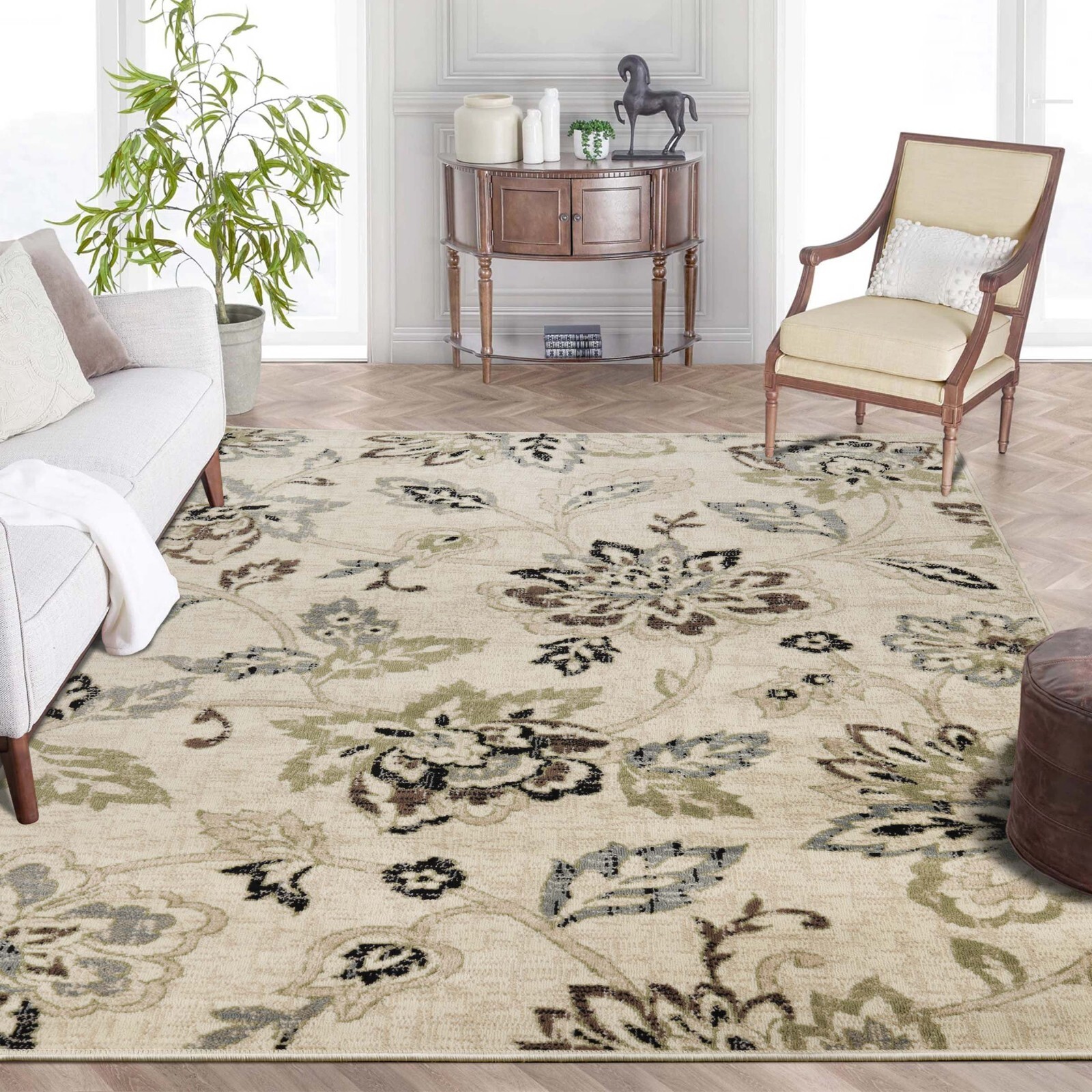 Jacobean Floral Modern Farmhouse Repels Moisture Colorfast Indoor Area Rug