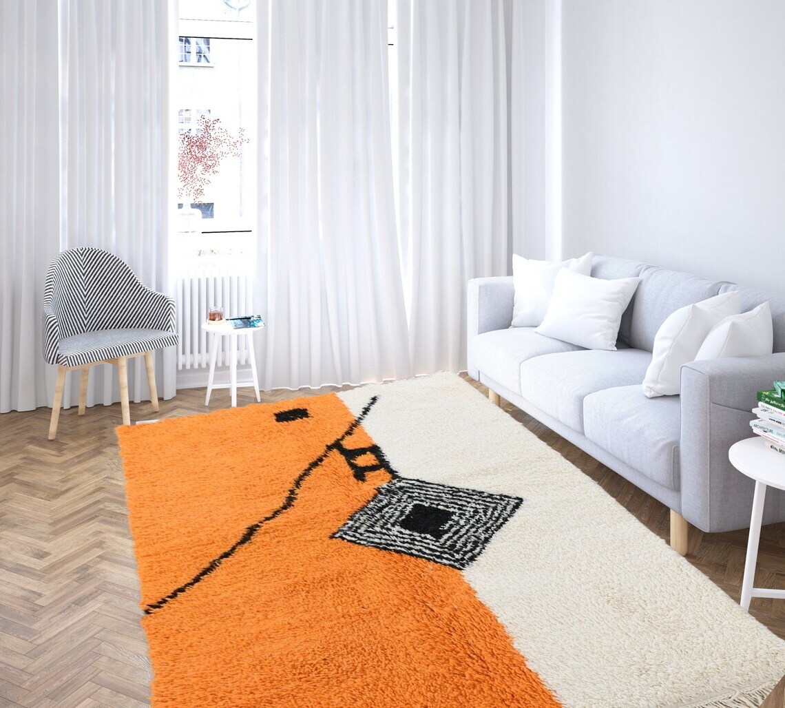 orange moroccan rug, beni ourain rug, rug black and white, orange rug