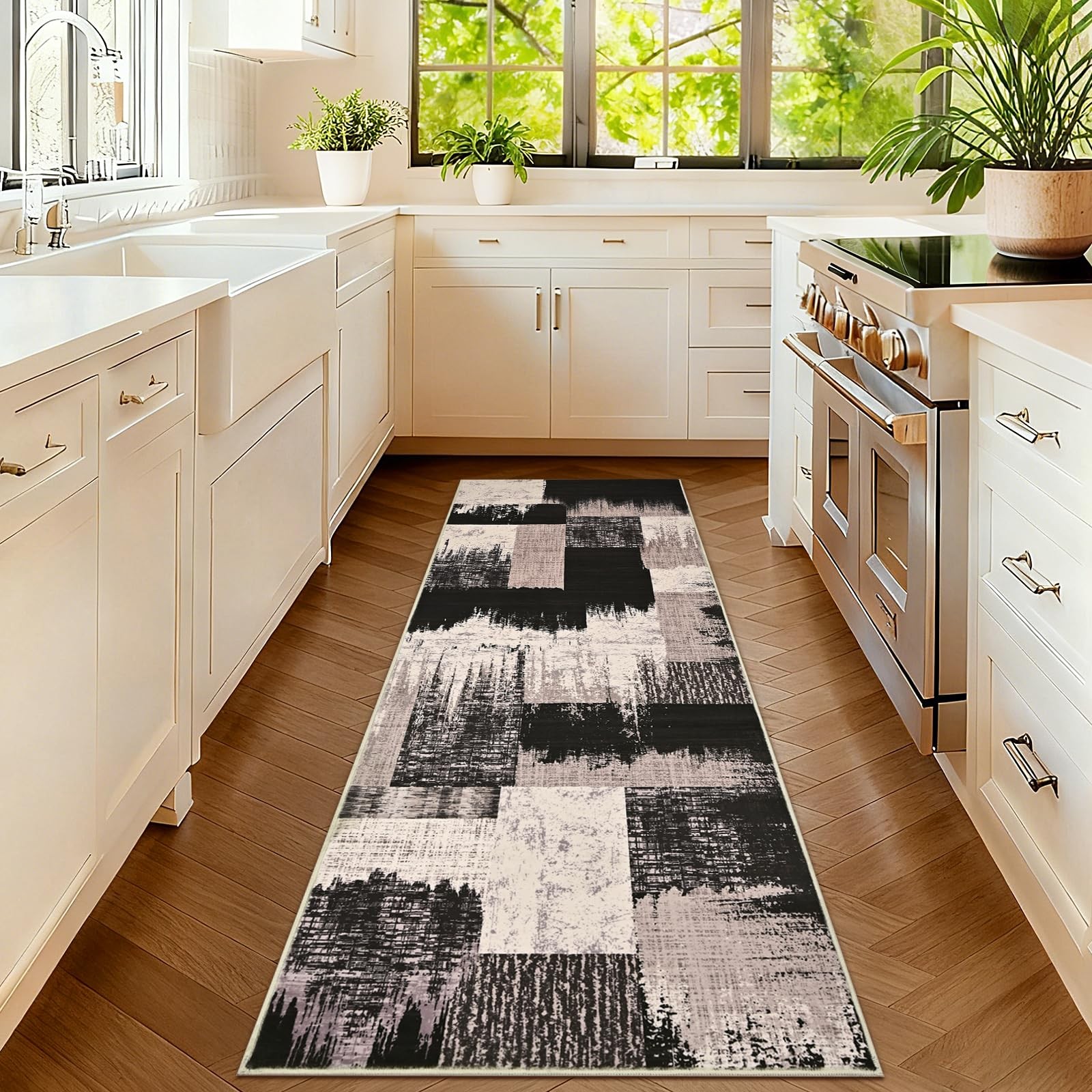 Modern Geometric Runner Rug 2×7, Patchwork Brown Rugs for Hallways Washable A…