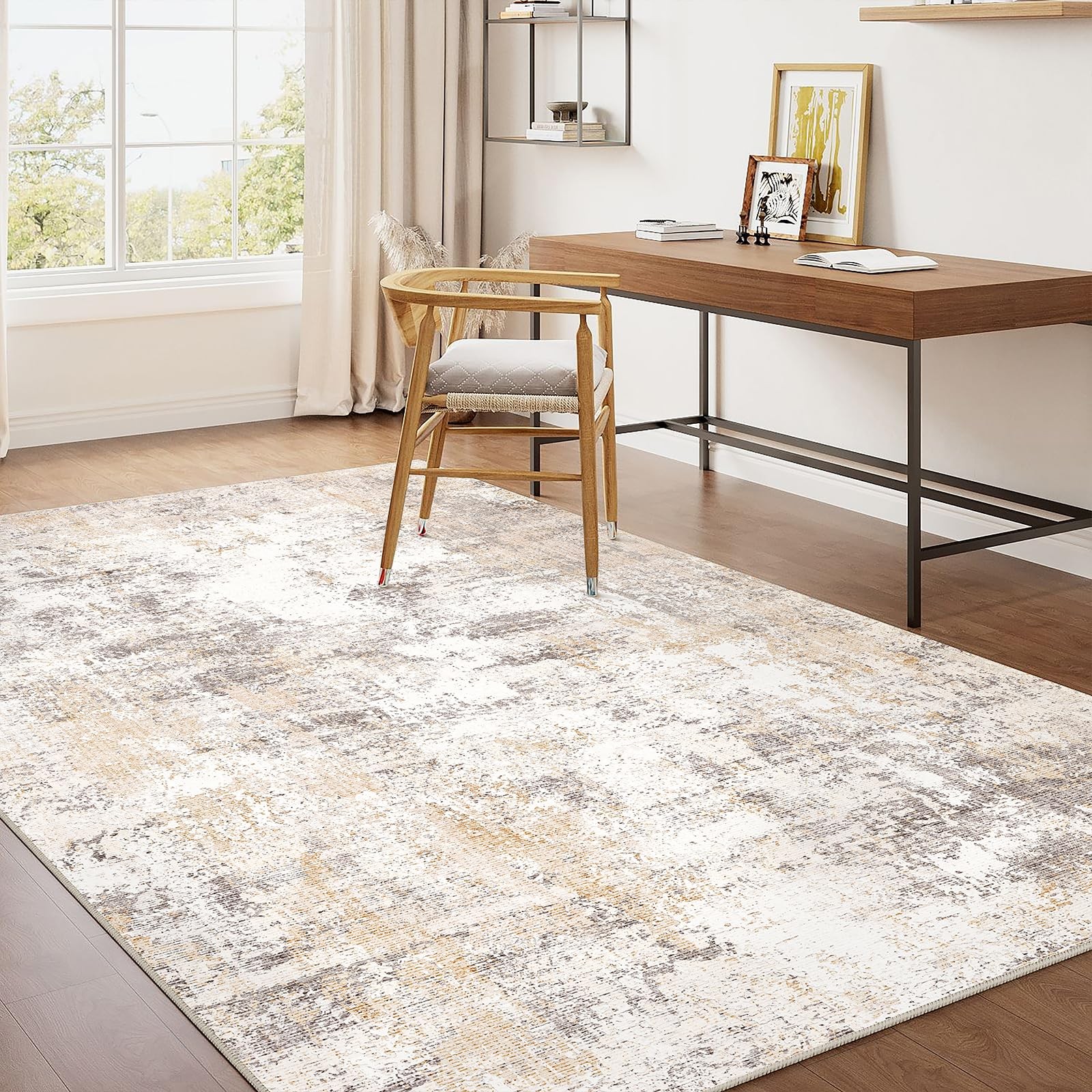 3×4 Washable Area Rug Beige Grey Abstract Non Slip Soft Low Pile Rug for Entr…