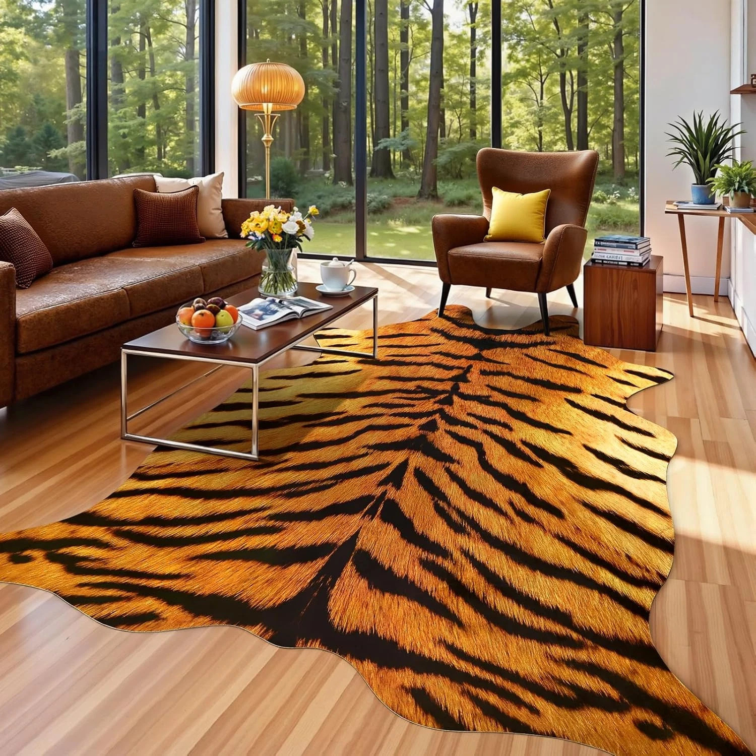Premium Tiger Print Rug 4.6X5.2 Feet, Machine Washable Faux Fur Rug, Non-Slip An
