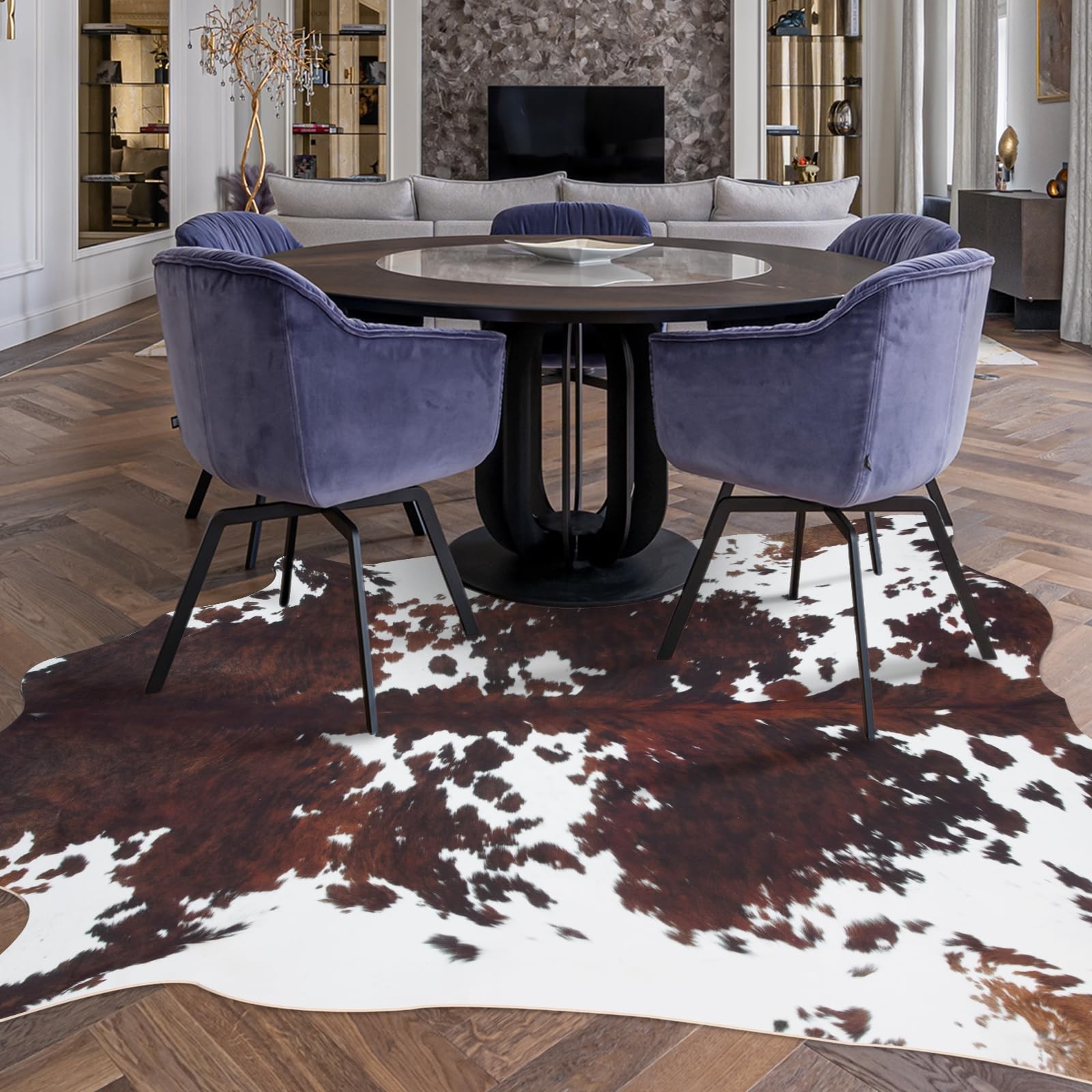 Brown Faux Cowhide Rug 4.6×5.2 ft Cow Print Area Carpet For Living Room