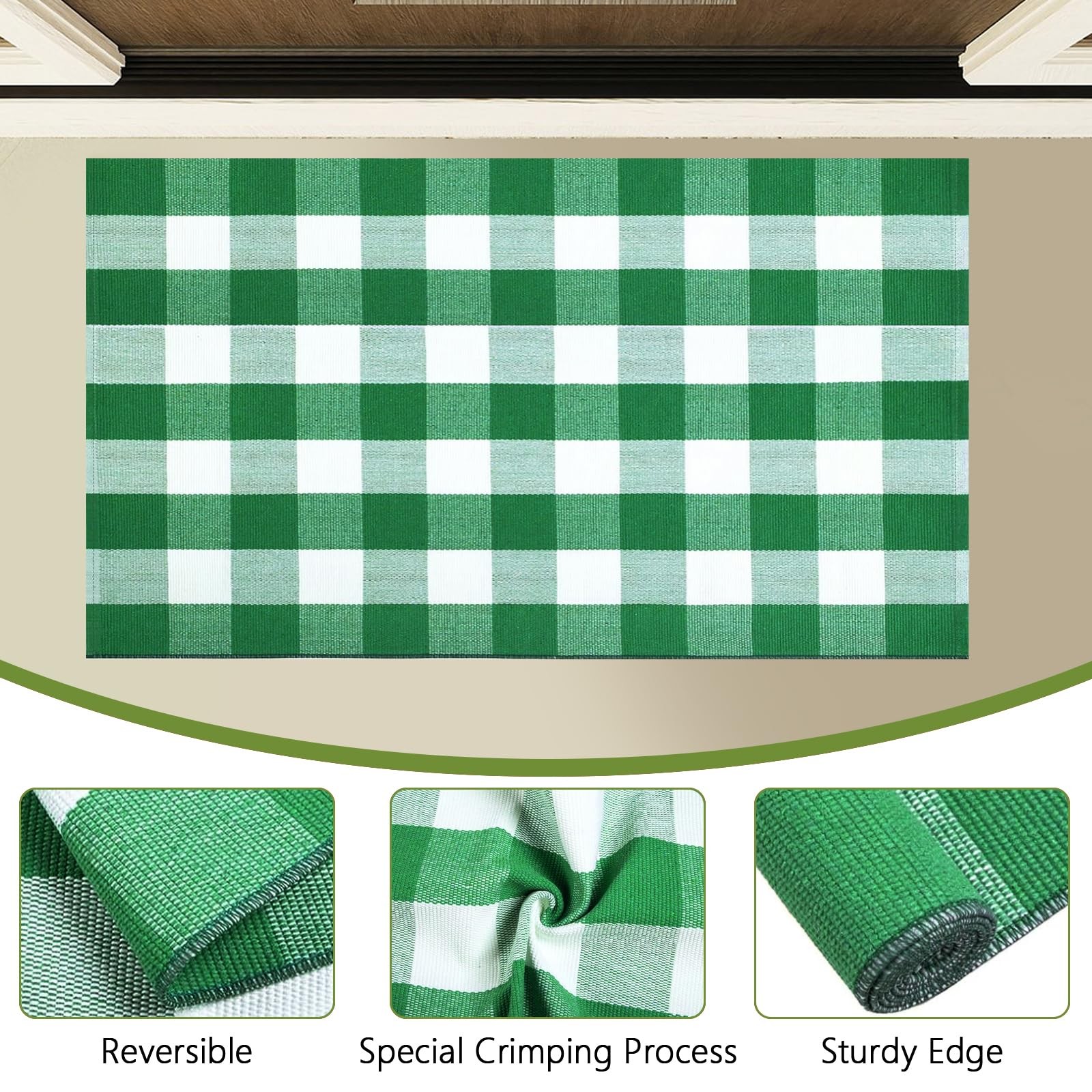 27.5×43 Inch Green White Buffalo Plaid Area Rug Washable Cotton Mat Decor