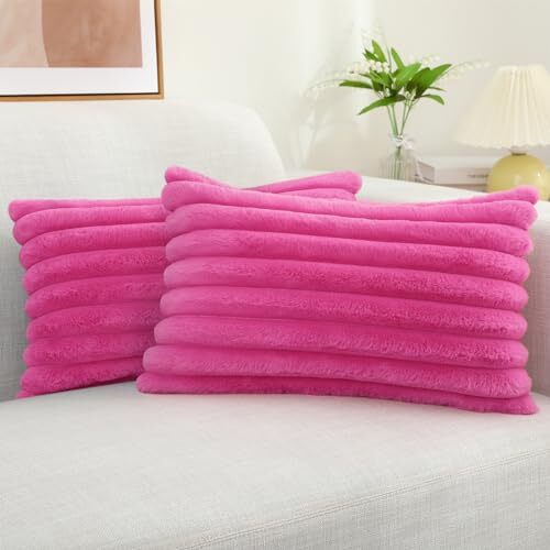 Faux Fur Throw Pillow Covers 12×20 Set of 2, 12 x 20-Inch (Pack of 2) Hot Pink