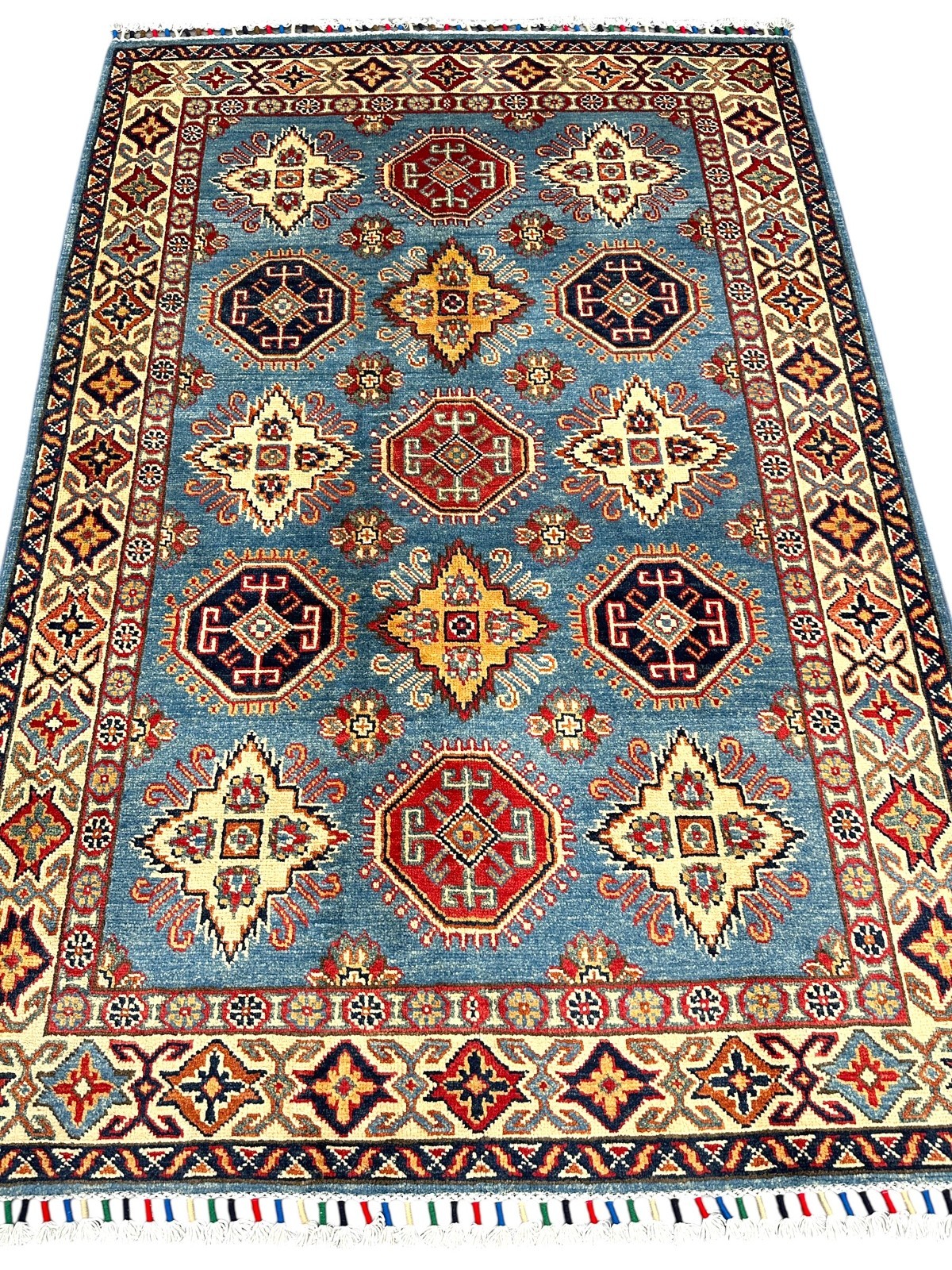 Hand-Knotted Afghan Kazak Wool Rug Blue, Cream, Red Tribal Design | 4’1″ x 5’11”
