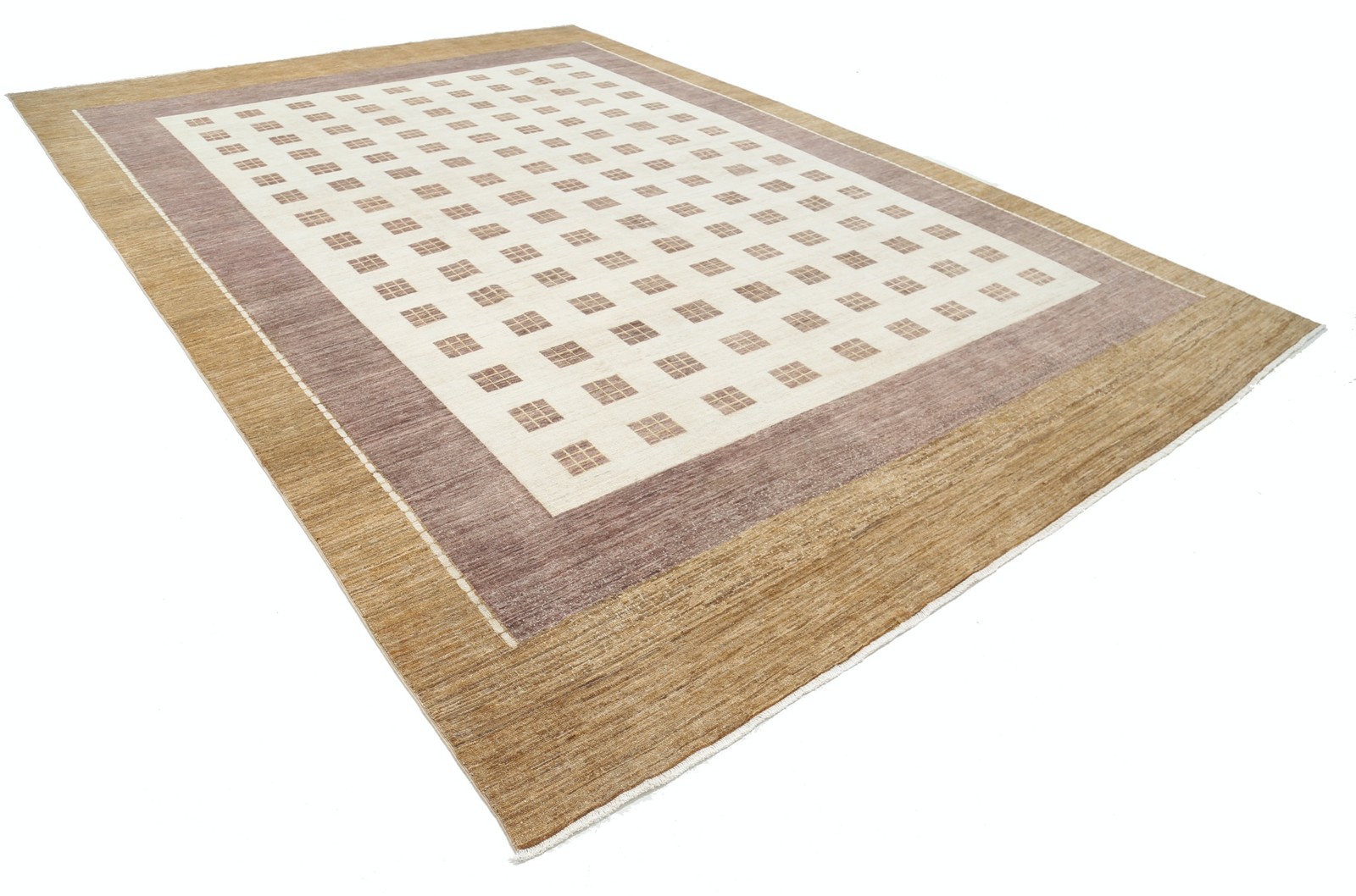 10.5×14.6 ft Handmade Beige, Blush and Brown Rug. Geometric Grid Design Carpet