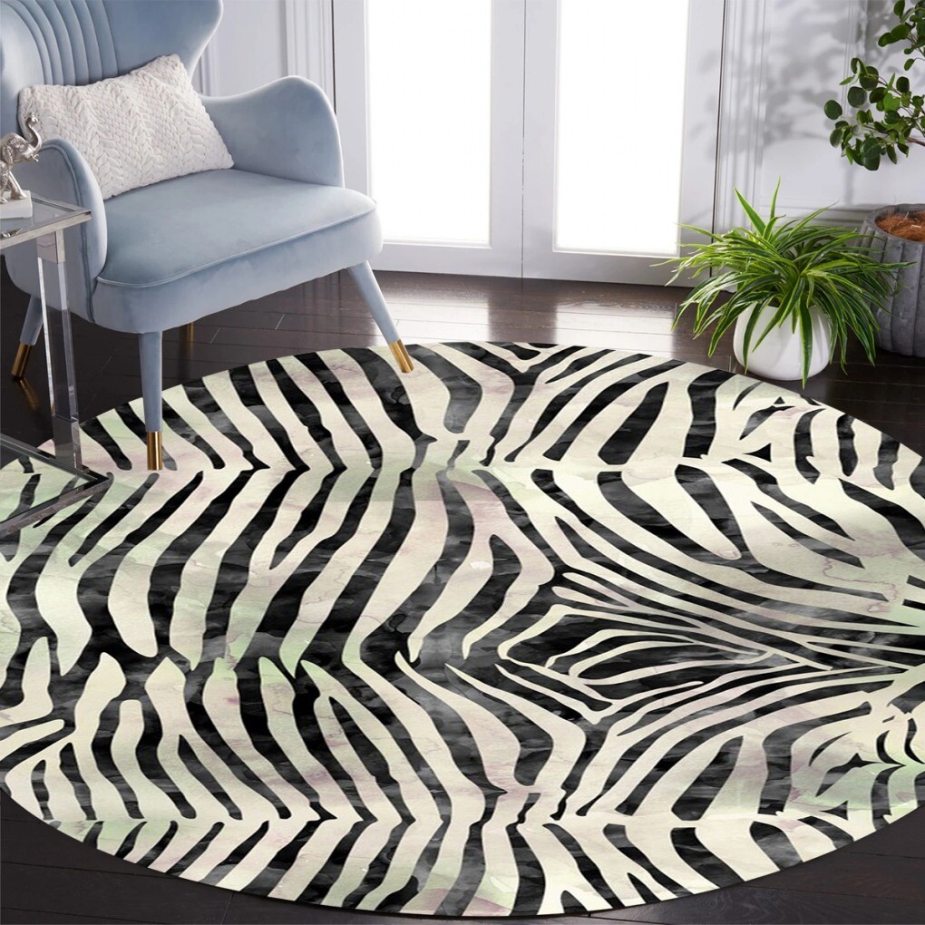 Black Off White Zebra Stripes Abstract Round Rug Modern Aesthetic Circle Carpet