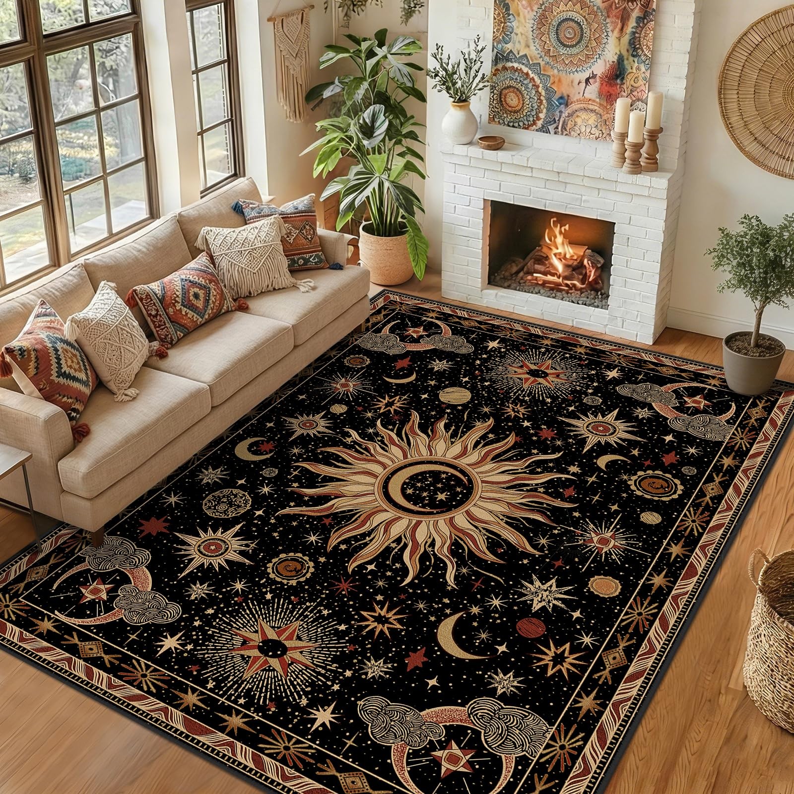 8×10 Area Rugs, Washable Vacuum-Friendly Non-Slip Rug Vintage Boho Gothic Sun…