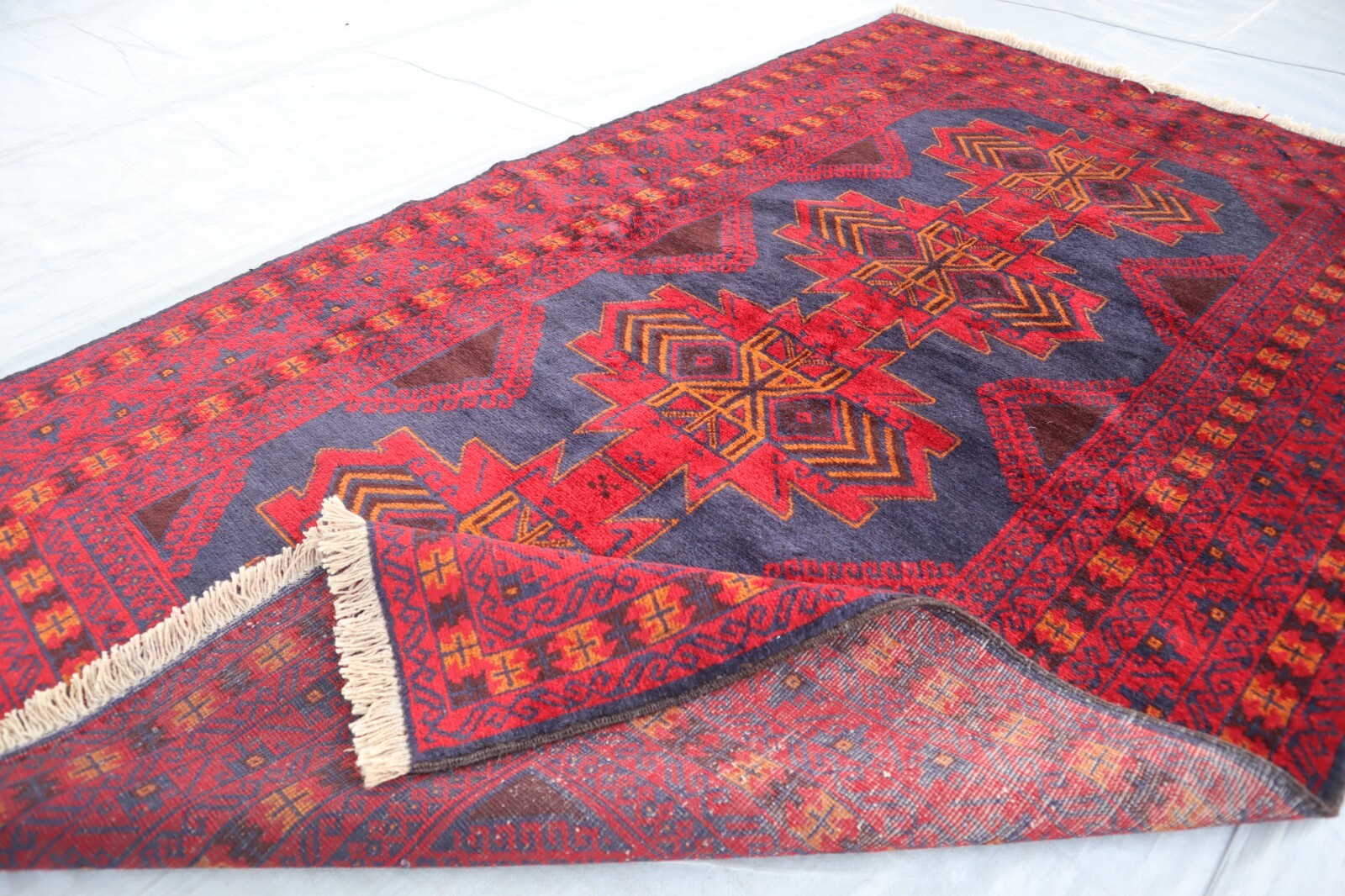 4×7 Afghan Antique Balouchi Rug, Gray Burgundy Turkman Handmade High Pile Rug
