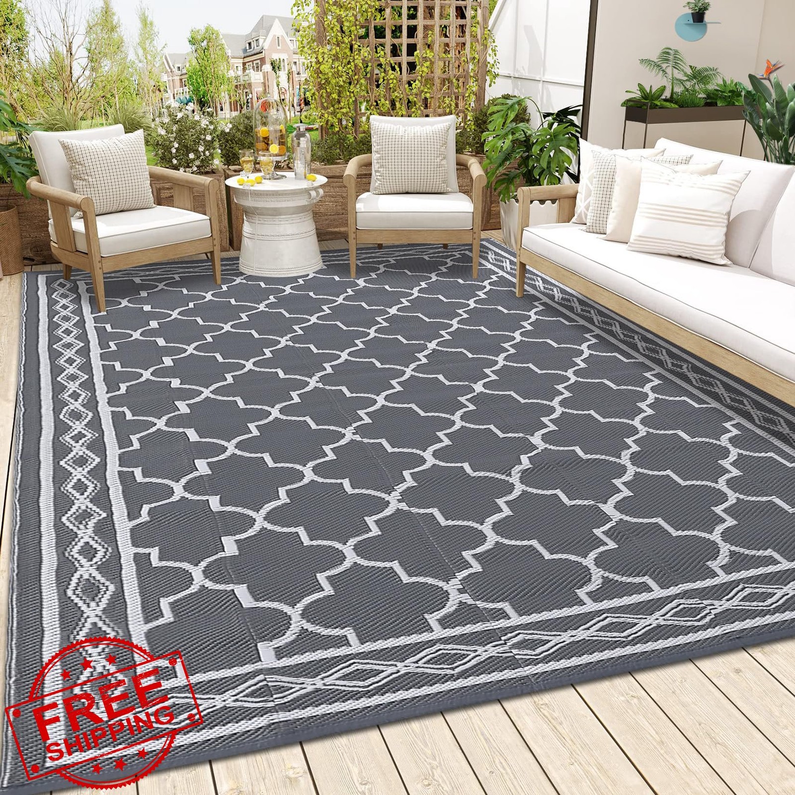 LUXLOOM Outdoor Plastic Straw Rug 10×14 Large Patio Rug Vintage Trellis Floor…
