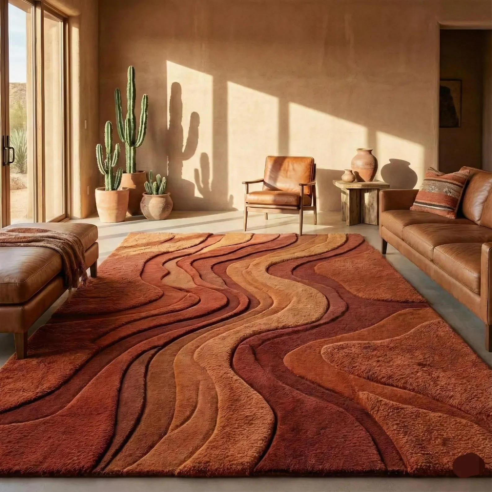 Hand-Tufted Desert Wave Wool Rug Sculpted Sand Dune Design in Terracotta Carpet