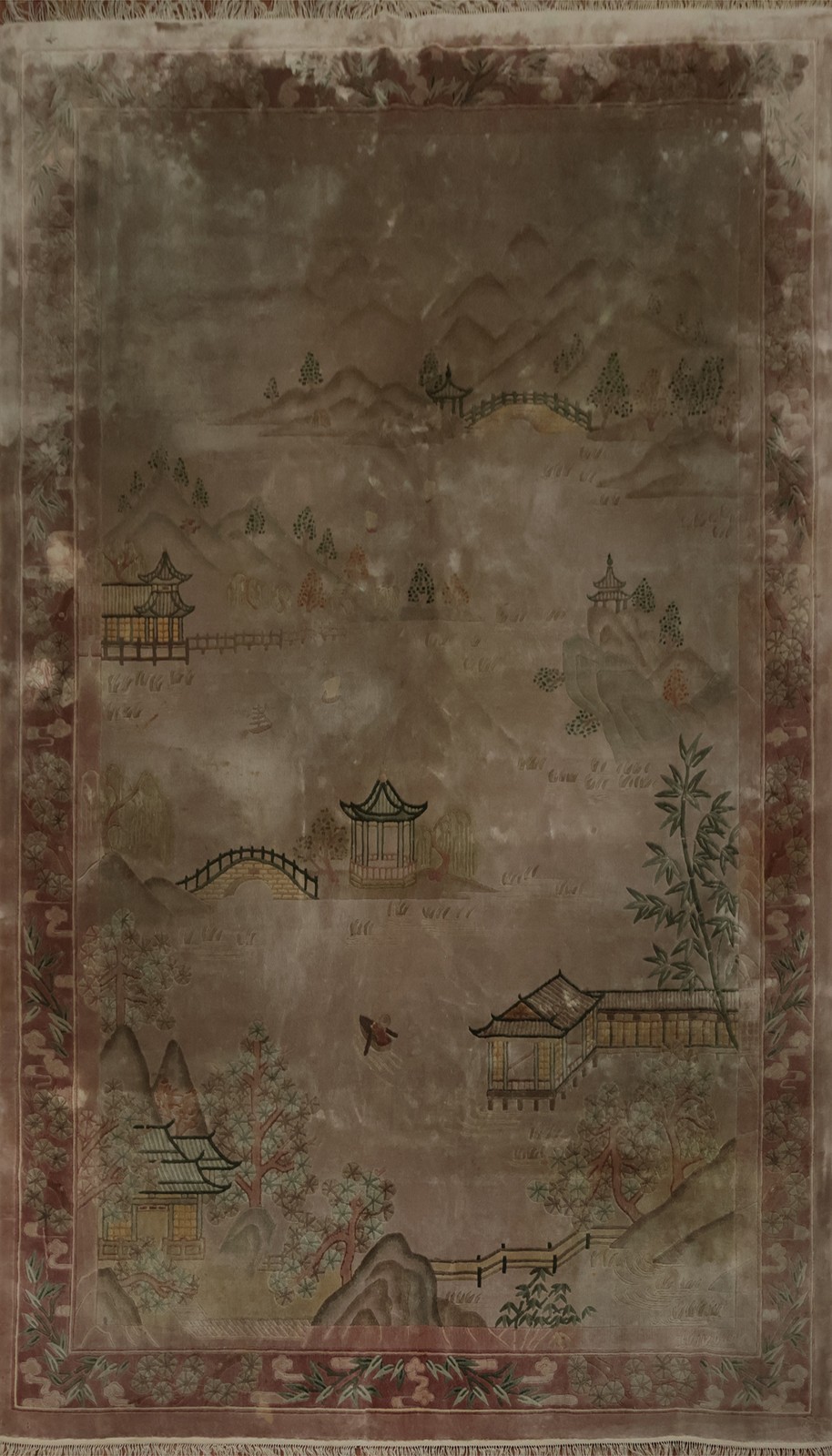 100% Silk Art Deco Chinese Area Rug 6×9 Tranquil Landscapes and Pagoda Details