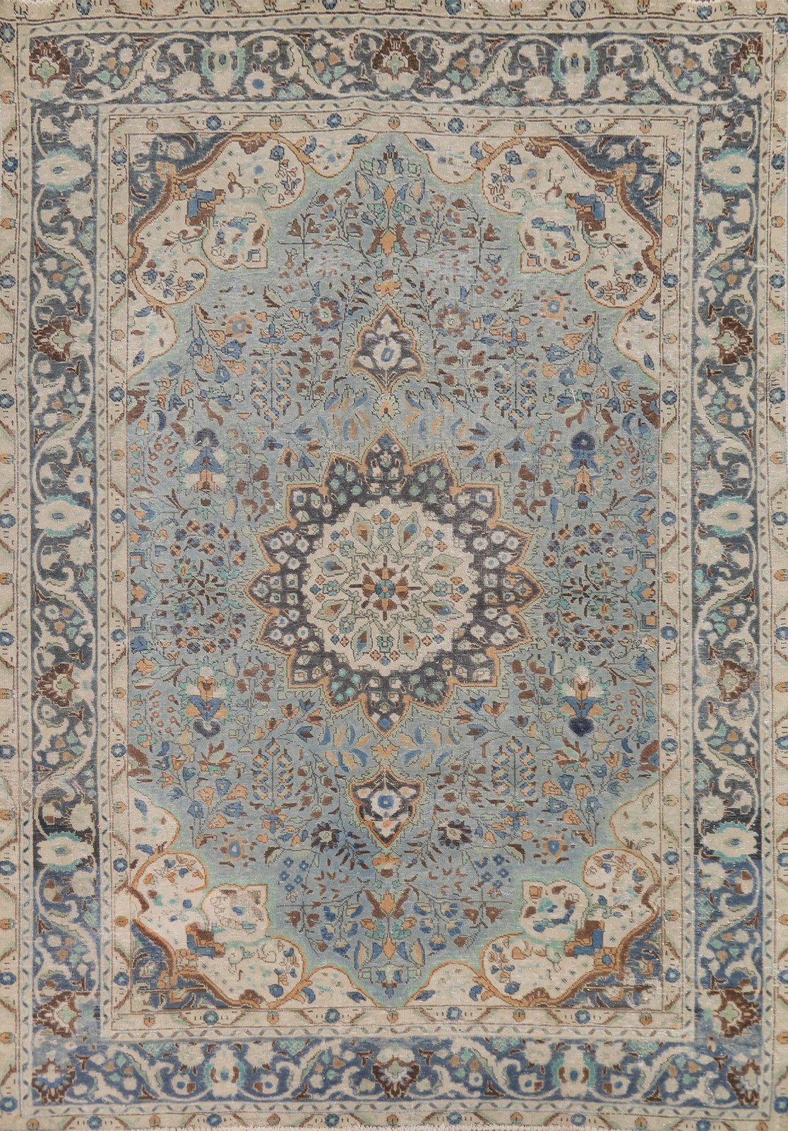 Handmade Light Blue Area Rug 7×10 Classic Overdyed Wool Room Size Vintage Carpet