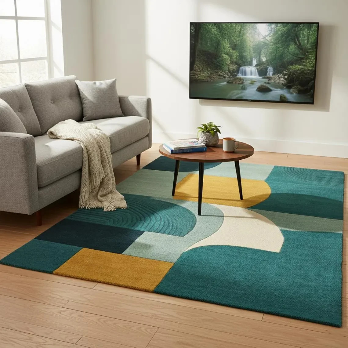 Mid Century Modern Hand Tufted Rug Teal Mustard Yellow Geometric 3D Area Carpet