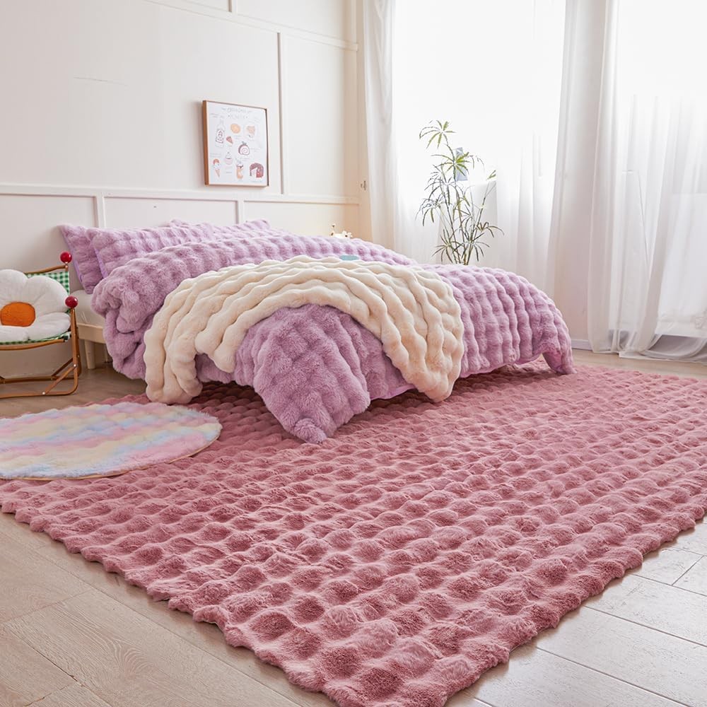 6’x9′ Pink Rabbit Plush Area Rug – Large Faux Fur Shaggy Carpet