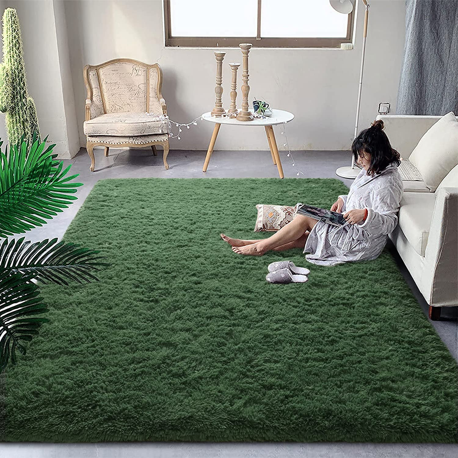 Super Soft Shaggy Rugs Fluffy Carpets, 4X6 Ft, Deep-Green Area Rug for Living Ro
