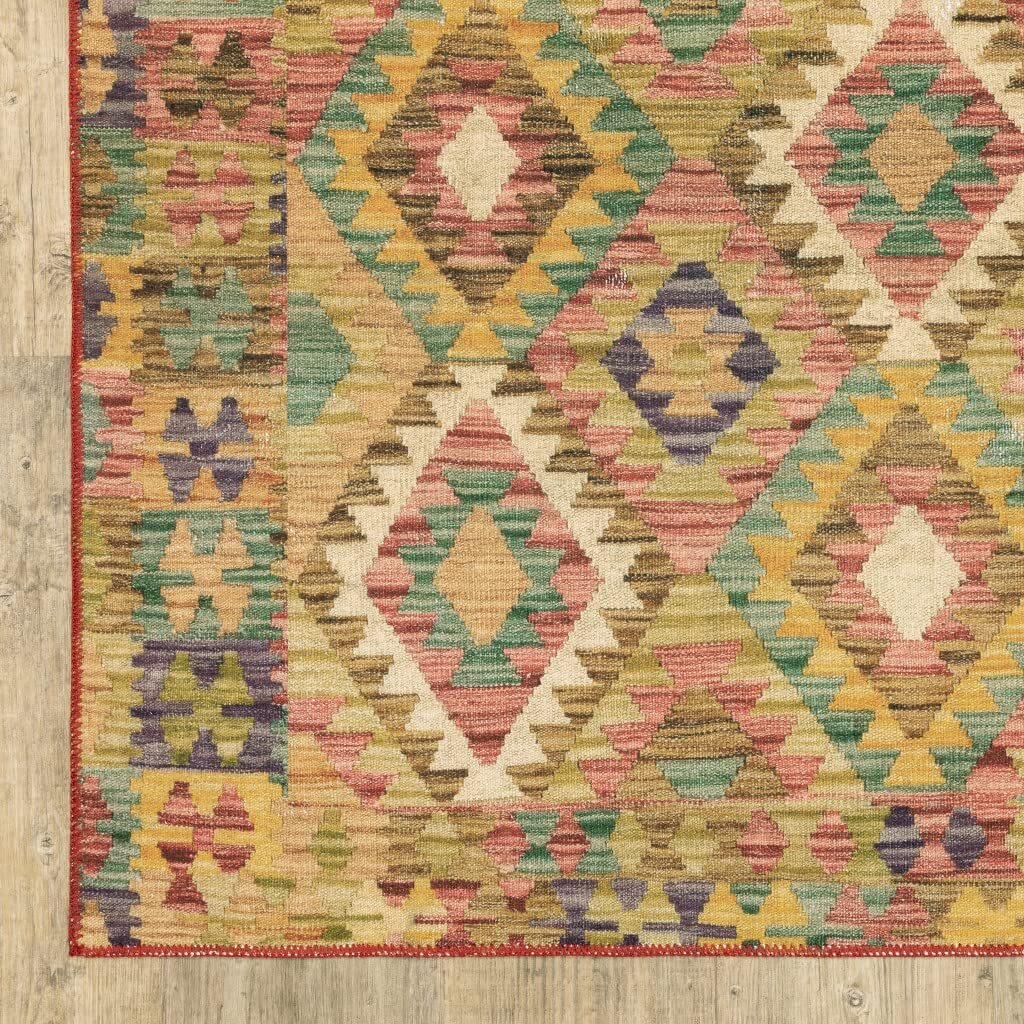 8′ X 10′ Gold Orange Brown Red Green Purple And Beige Southwestern Printed Stain