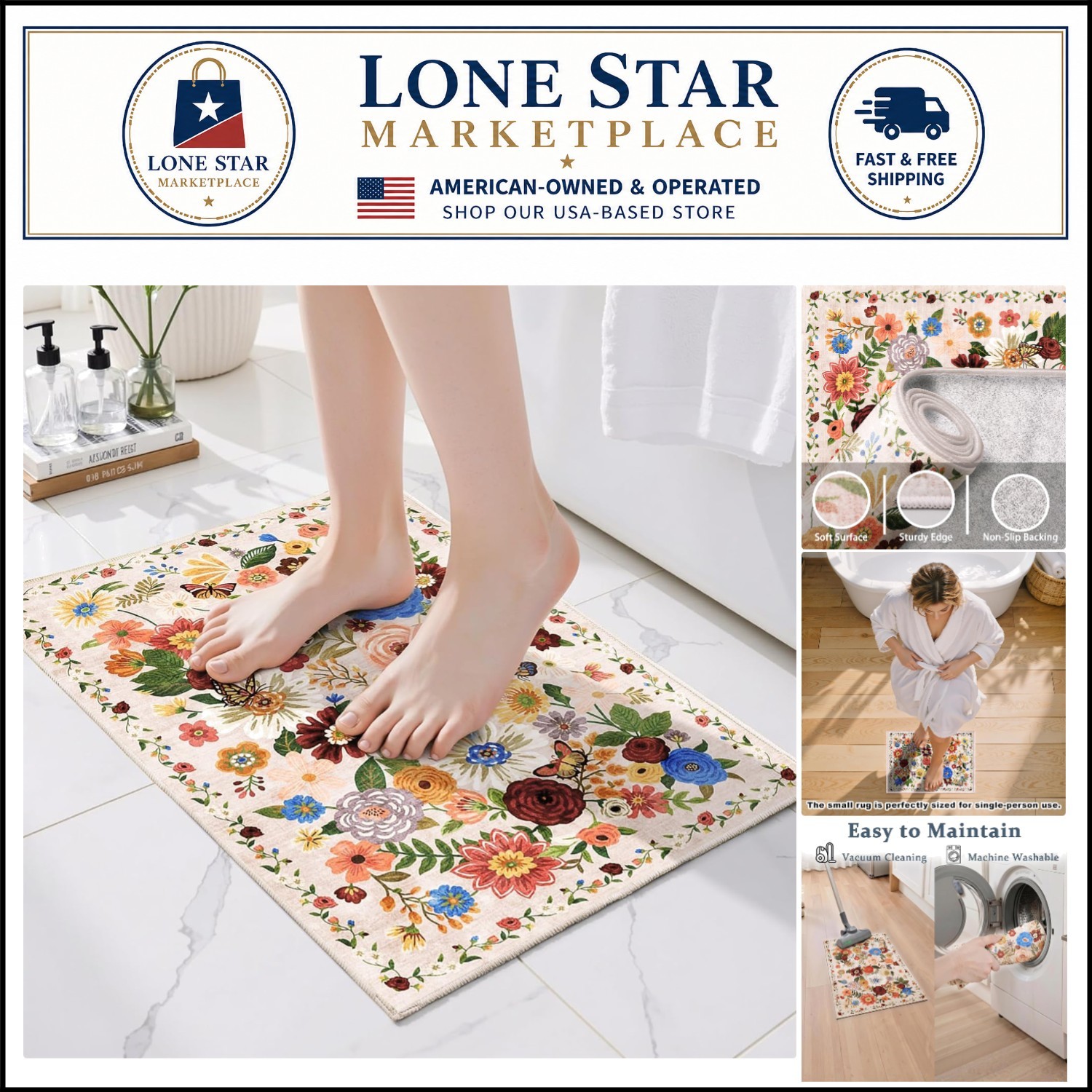 Machine Washable Floral Bath Mat – Non-Slip 24×17 inch Entry Rug for Any Room