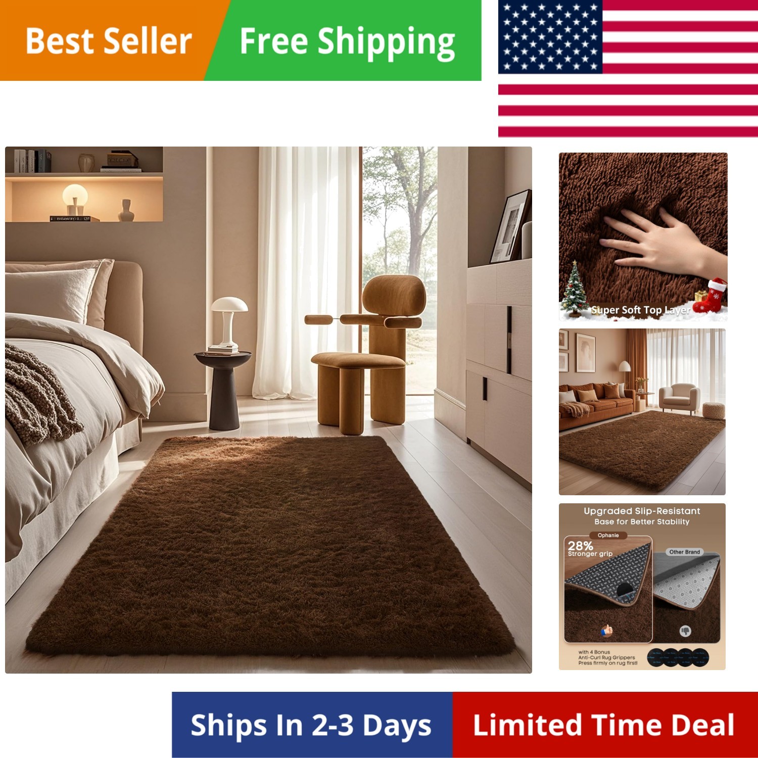 Brown Rugs for Bedroom Living Room, Fluffy Fuzzy Furry Carpet, Plush Soft Sha…