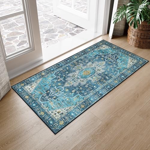 2×4 Teal Vintage Floral Medallion Runner Rug – Machine Washable, Non-Slip,