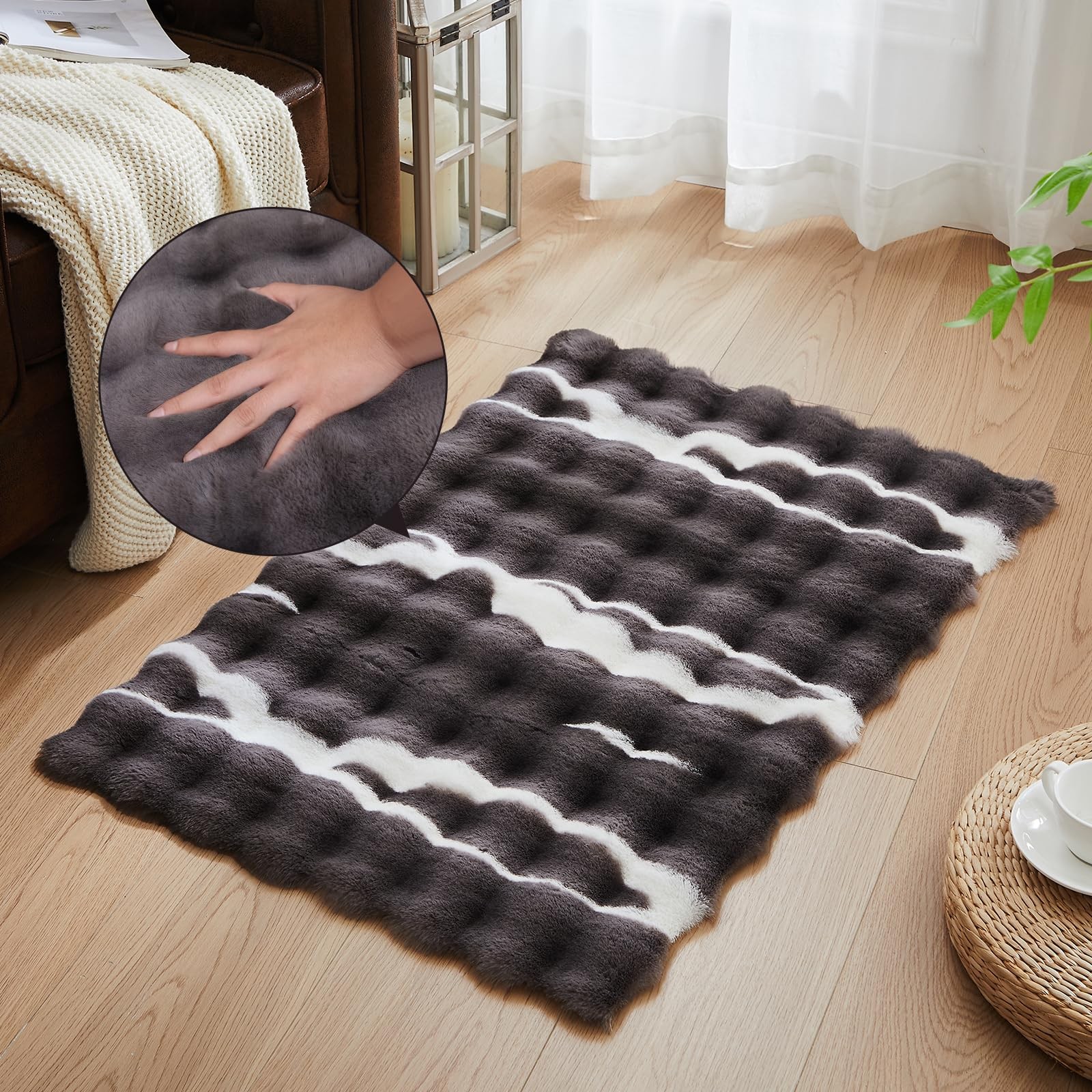 2X 3-Foot Synthetic Rabbit Fur Rug, Multicolor Bubble-Patterned Velvet Design…